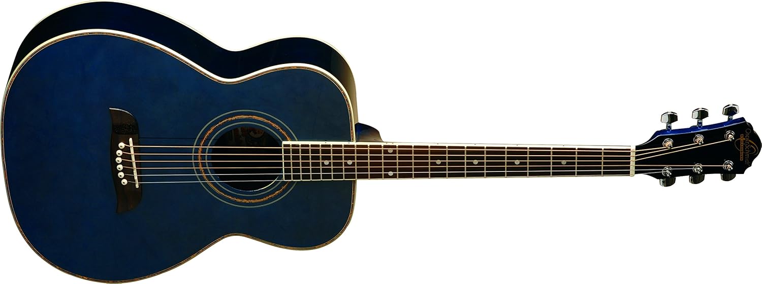 Oscar Schmidt 6 String OF2 Folk Acoustic Guitar. Trans, Right, Transparent Blue (OF2TBL-A)