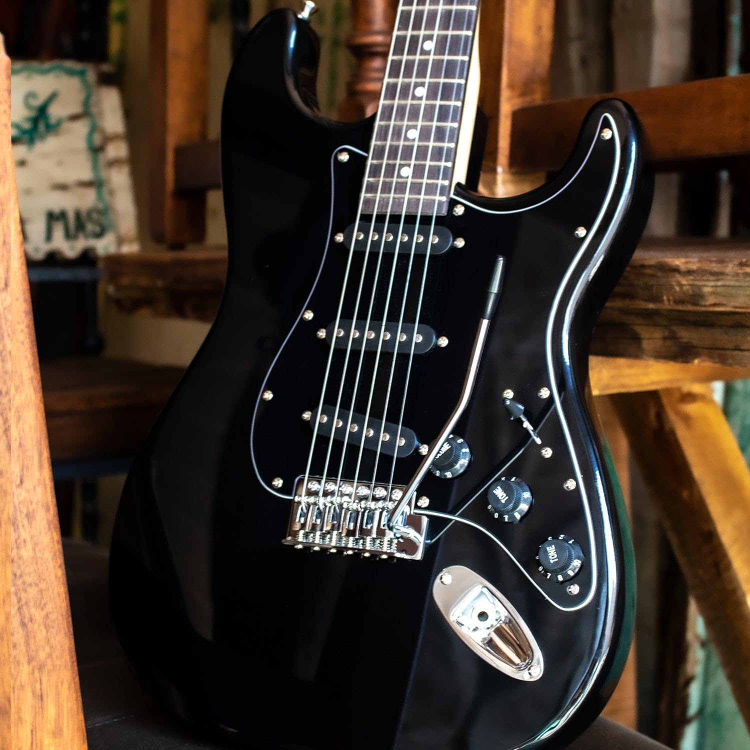 Sawtooth Black ES Series Electric Guitar w/Black Pickguard - Includes: Accessories, Amp & Gig Bag