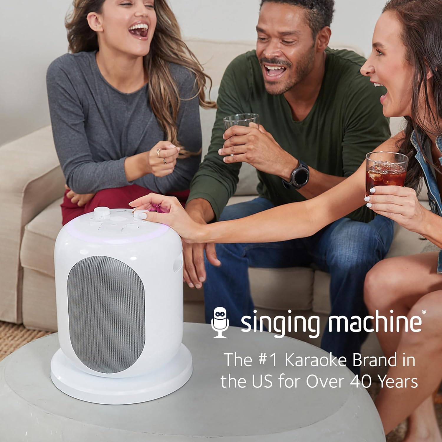 Singing Machine SMC2040S Ultimate Karaoke System, 50 watts System, Sing Cast Video Streaming and Pitch Lab Technology with Rechargeable Battery and Two Wireless Mics, White