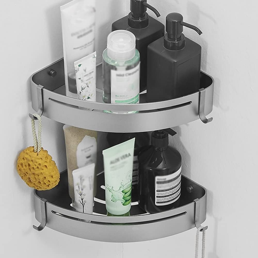 Corner Shower Caddy Gray Bathroom Shelf Corner Storage Rack, Screw Free Installation Wall Mount Basket Toilet Shower Double Layer Shampoo Holder Shower Organizer (Color : Double(drilled))