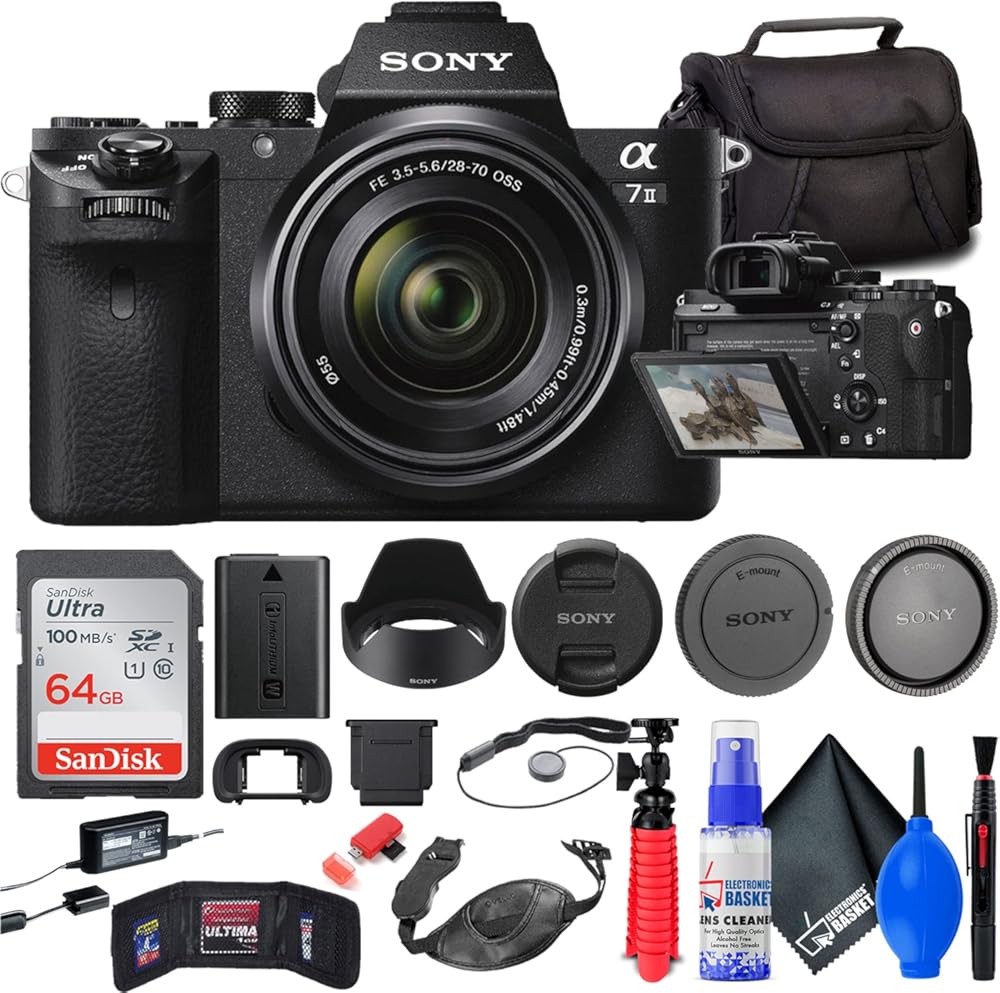 Sony a7 II Mirrorless Camera with 28-70mm Lens (ILCE7M2K/B) + Bag + 64GB Card + Card Reader + Flex Tripod + Hand Strap + Memory Wallet + Cap Keeper + Cleaning Kit (Renewed)