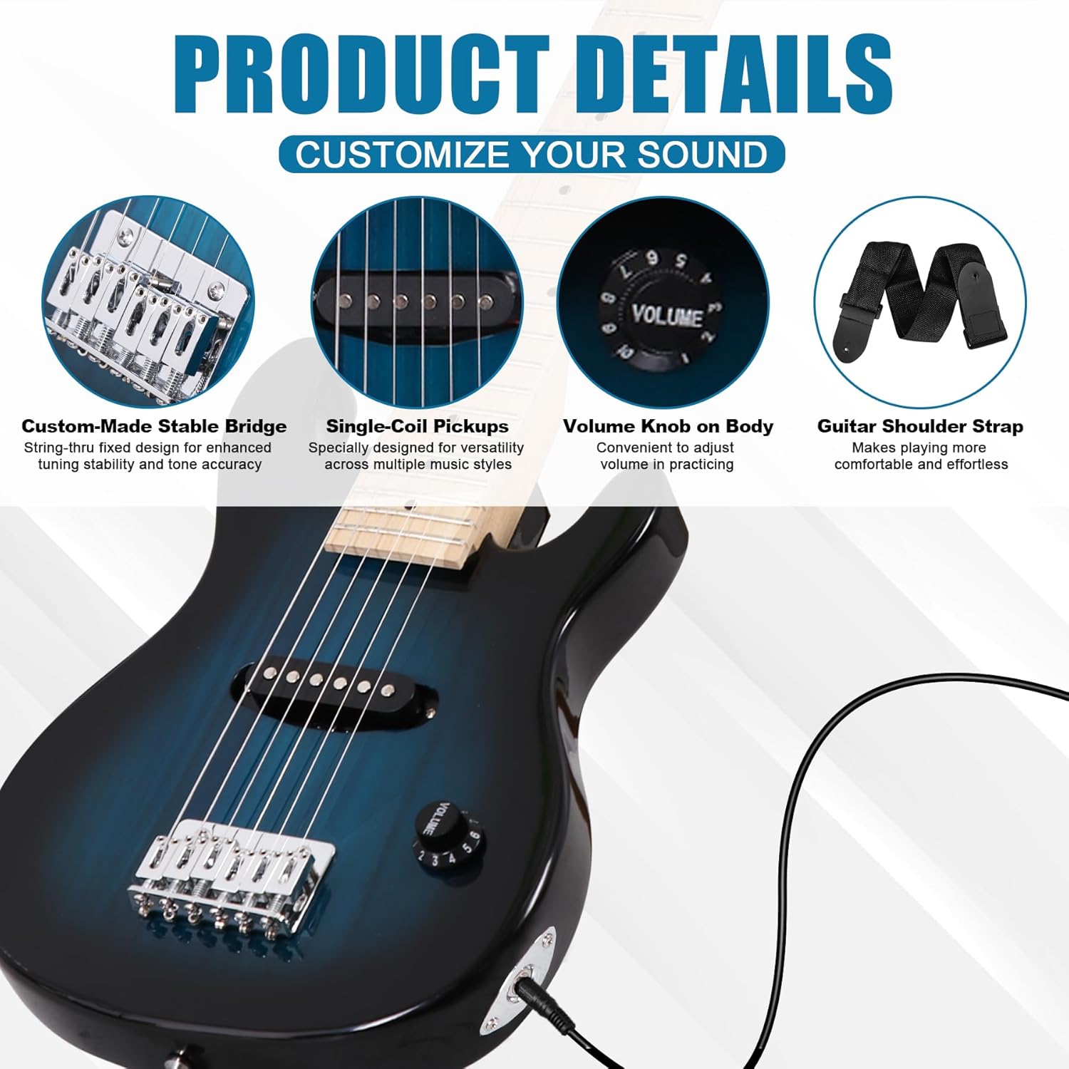 30 Inch Kids Electric Guitar, Complete Beginner Kits with 5W Amplifier, Picks, Gig Bag, Strap, Cable & Accessory Kit for Kids/Girls/Boys/Starters, Blue