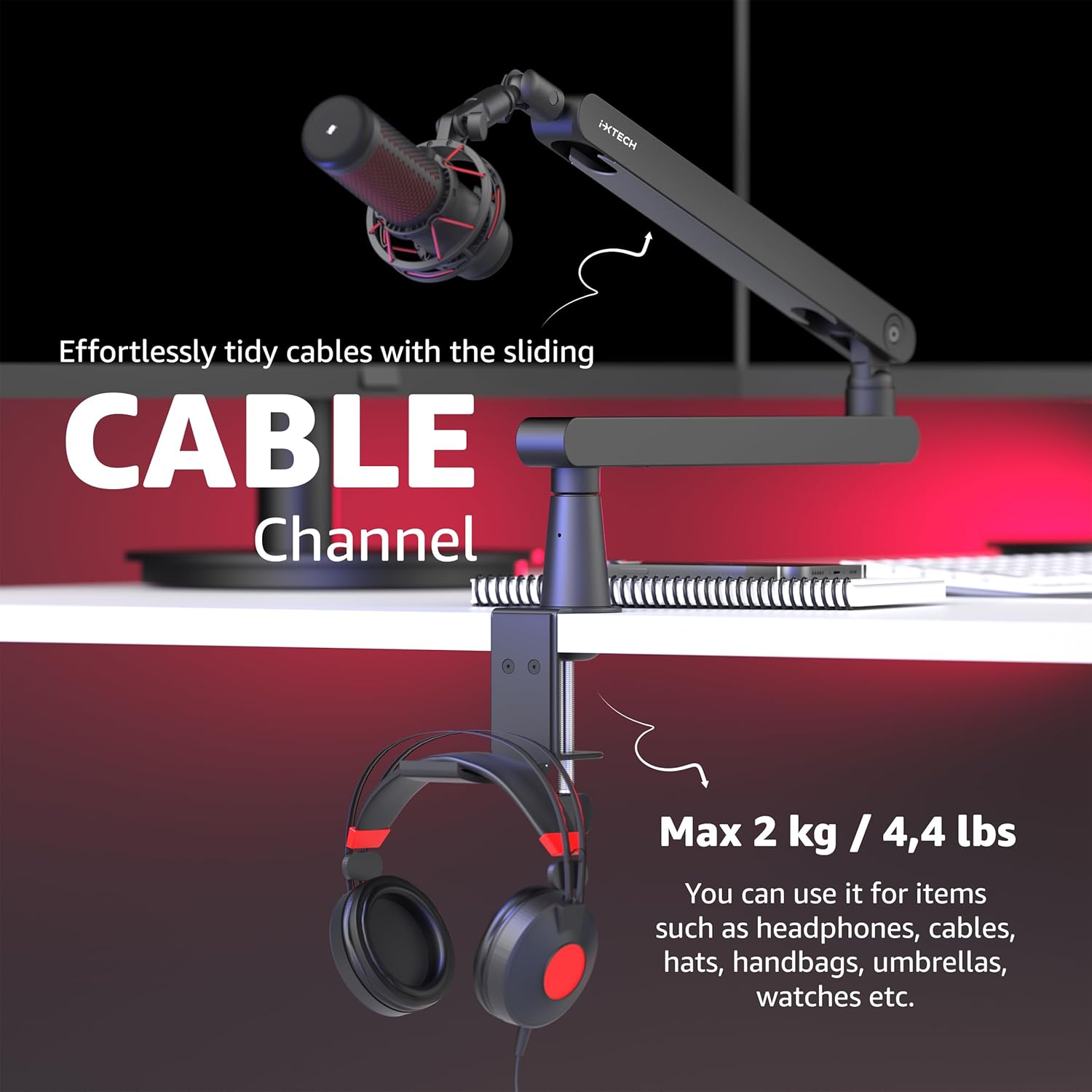 IXTECH Mic Boom Arm Stand LP Microphone Stand Low Profile Microphone Arm Adjustable for Blue Yeti Shure Sm7b Hyperx QuadCast Rode Fifine and At2020 360° Mic Arm for Gaming Podcasting.
