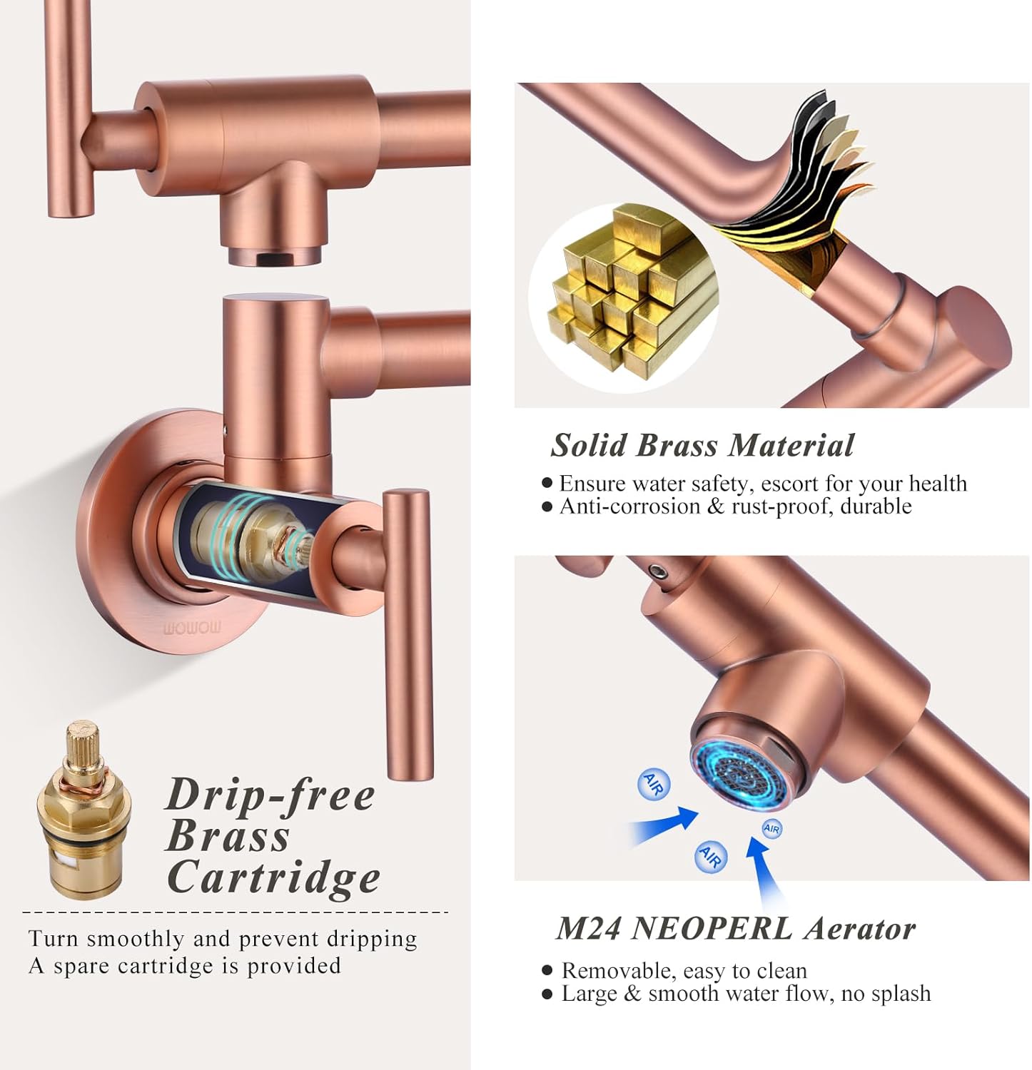 WOWOW Pot Filler Faucet Copper, Brass Pot Filler Wall Mount Kitchen Stove Faucet with Double Joint Swing Arms