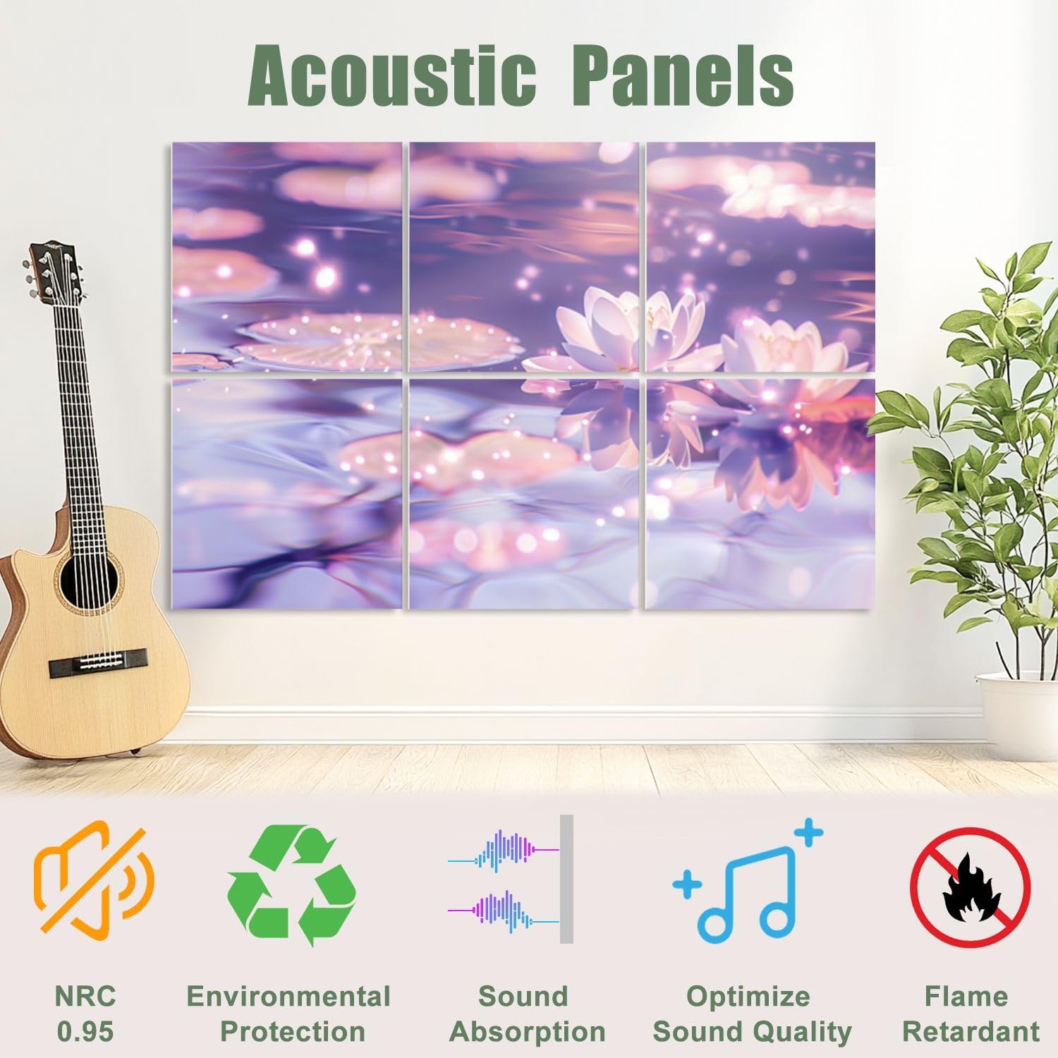 6 Pack Art Acoustic Panels Sound Absorbing Lotus Floral Zen Meditation Modern White Lotus Sparkles Soft Glow Decorative Soundproof Wall Panels Self Adhesive for Recording Studios Office 72