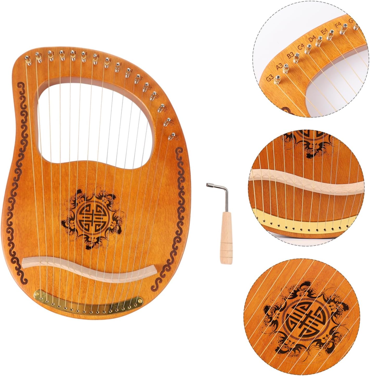 FAVOMOTO String Lyre Harp Portable Ancient Style Music Instrument for Beginners Made of Okoume Wood Includes Tuning Wrench and Decorative Patterns for Musicians and Music