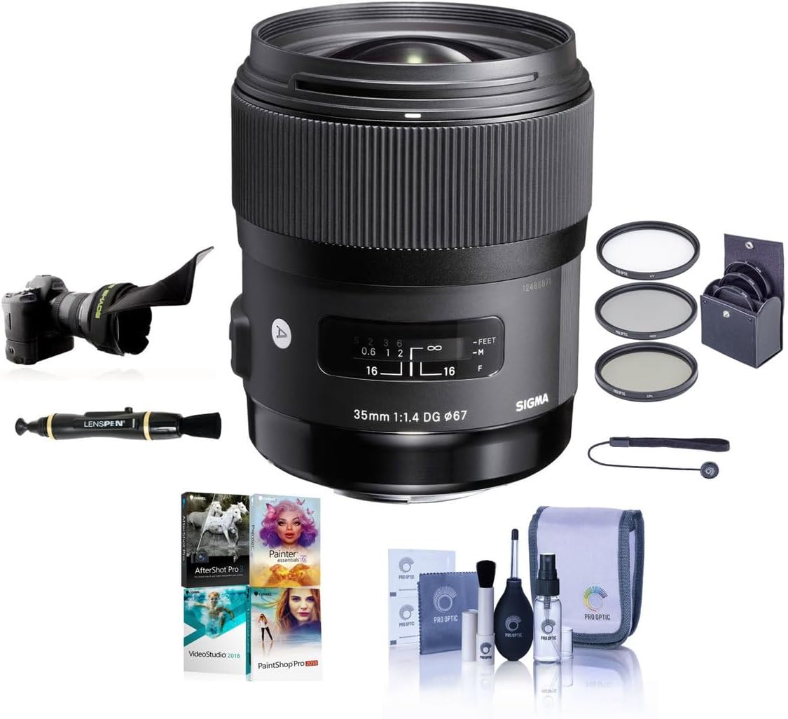 Sigma 35mm f/1.4 DG HSM ART Lens for Nikon F, Bundle with 67mm Filter Kit, Flex Lens Shade, Cleaning Kit, Cleaner, Cap Tether, PC Software Kit