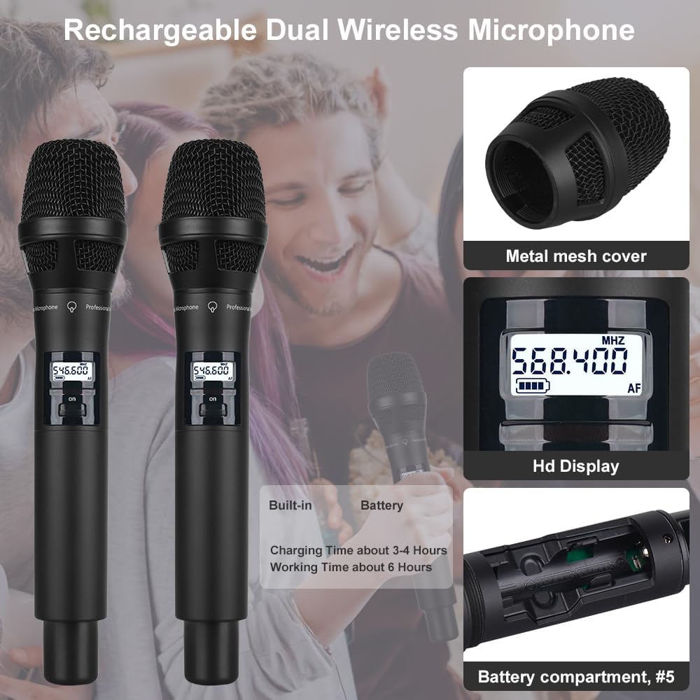 Wireless Microphone System with Bimetal Microphone, UHF Handheld Wireless Moving Coil Microphone, for Sing, Karaoke, Church, DJ, Party, Wedding,(GLXD92)