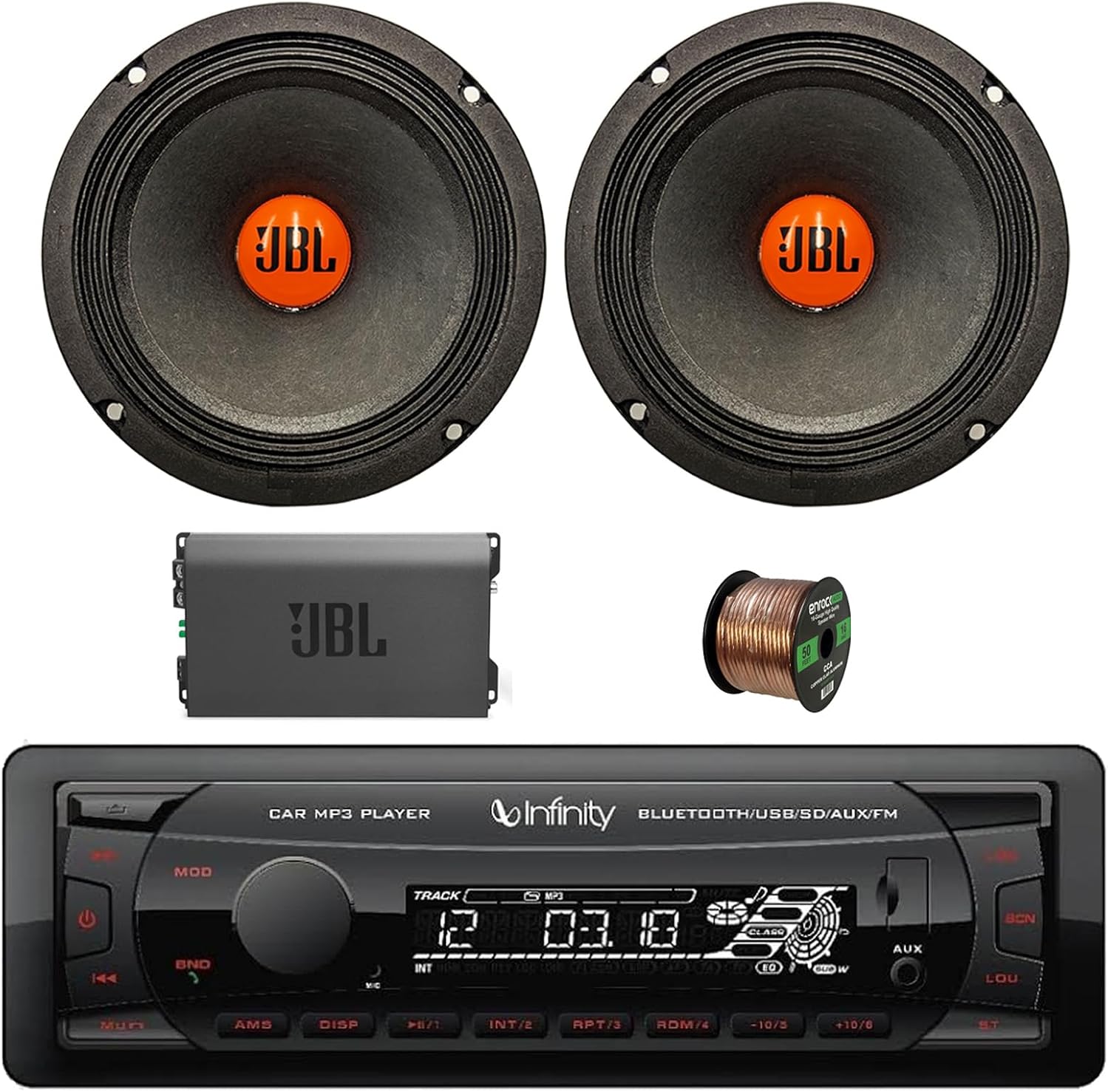 Single DIN Bluetooth USB/AUX FM Radio MP3 Receiver, Amplifier, 2X 6.5 300 Watt Peak Power Midrange Car Audio Speakers w/Wire