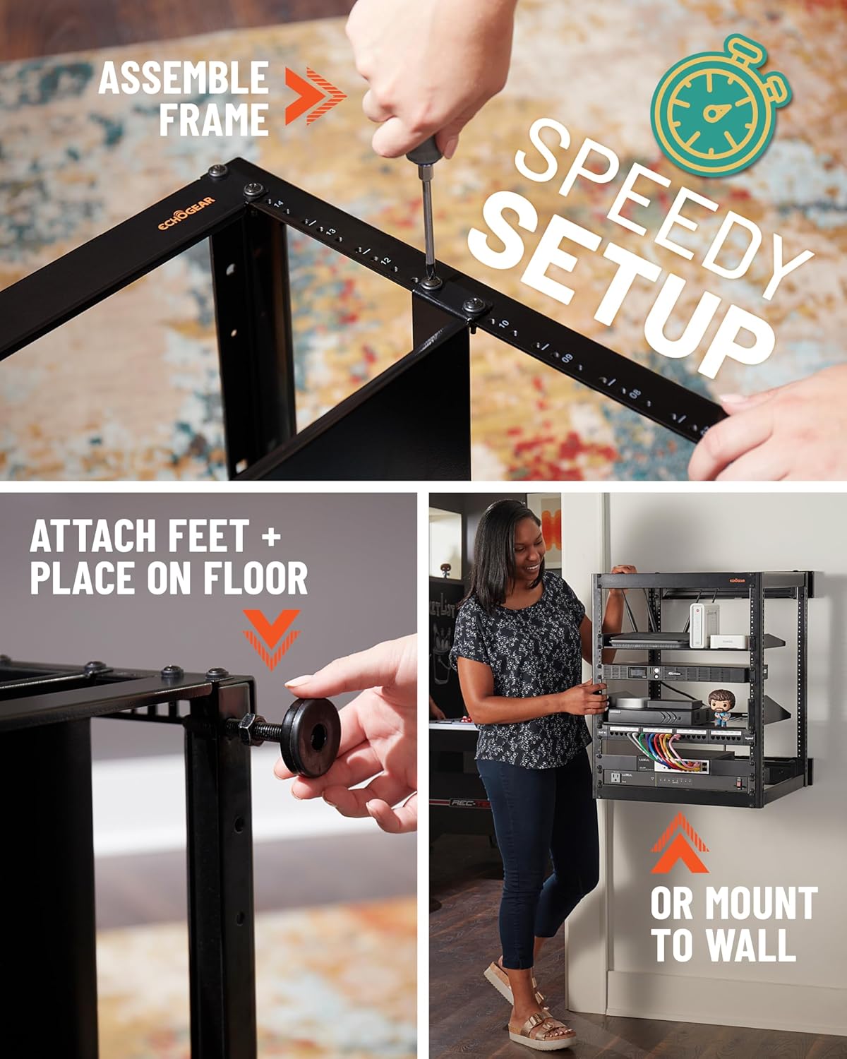 ECHOGEAR 15U Open Frame Rack for Servers & AV Gear - Wall Mountable Design Includes 2X Vented Shelves, 25x Rack Mounting Screws, 4X Leveling Feet, 4X Shelf Stops, & 2X Securement Straps