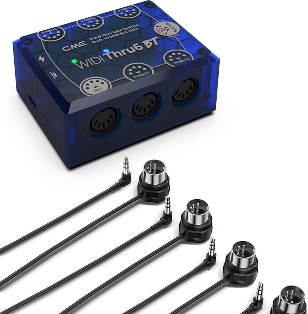 CME WIDI Thru6 BT + 4-Pack 1-FT TRS 3.5 Type A MIDI Cables - 2-in-6-out MIDI Thru/Split with 5-pin DIN and Bluetooth MIDI + 4-Pack TRS 3.5 Type A Low-Profile MIDI cables