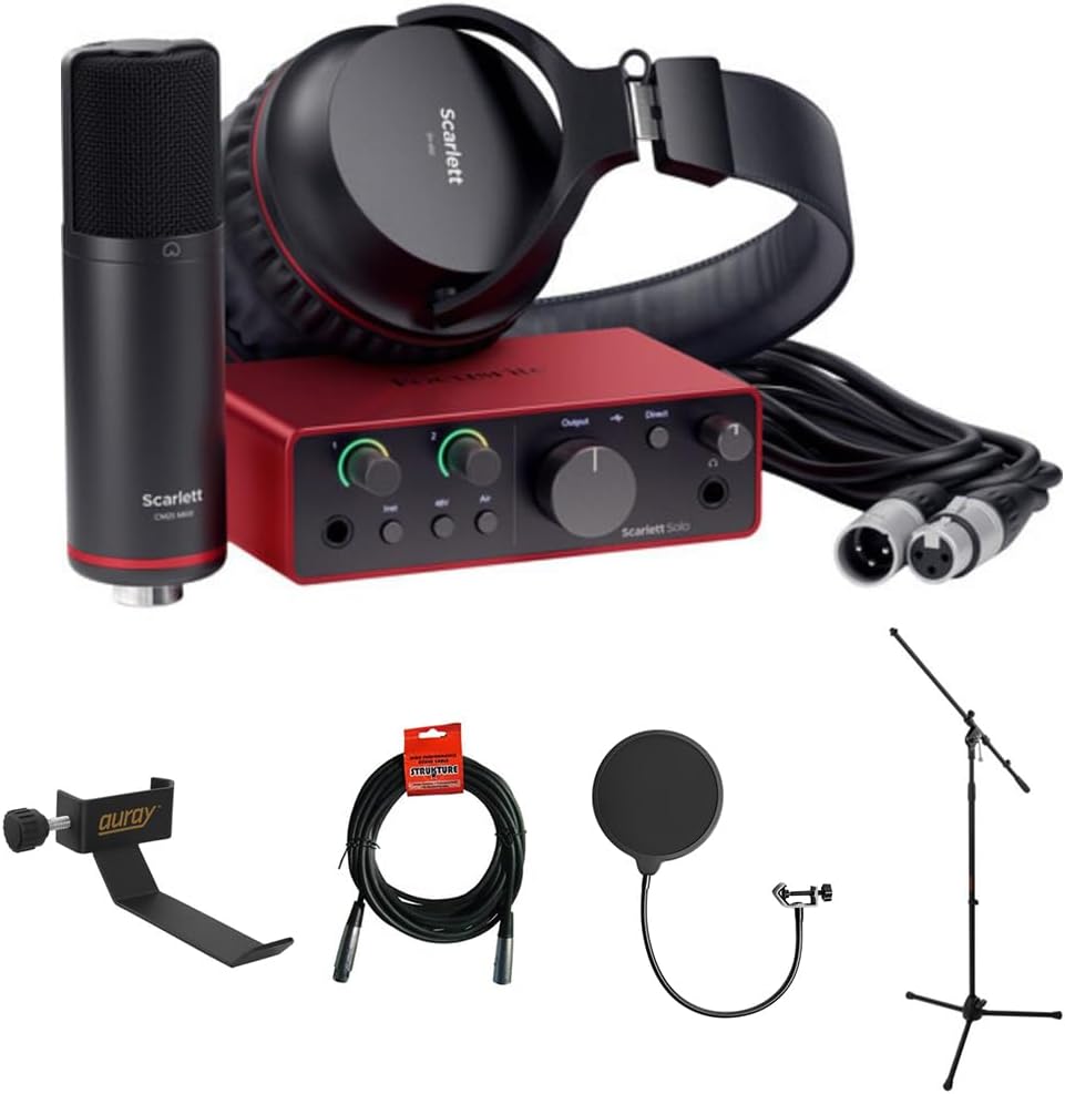Focusrite Scarlett Solo Studio USB-C Audio Interface with Microphone and Headphones (4th Generation) Bundle with Clamp On Headphone Holder, Tripod Mic Stand + Boom, Kellopy Pop Filter & XLR Cable