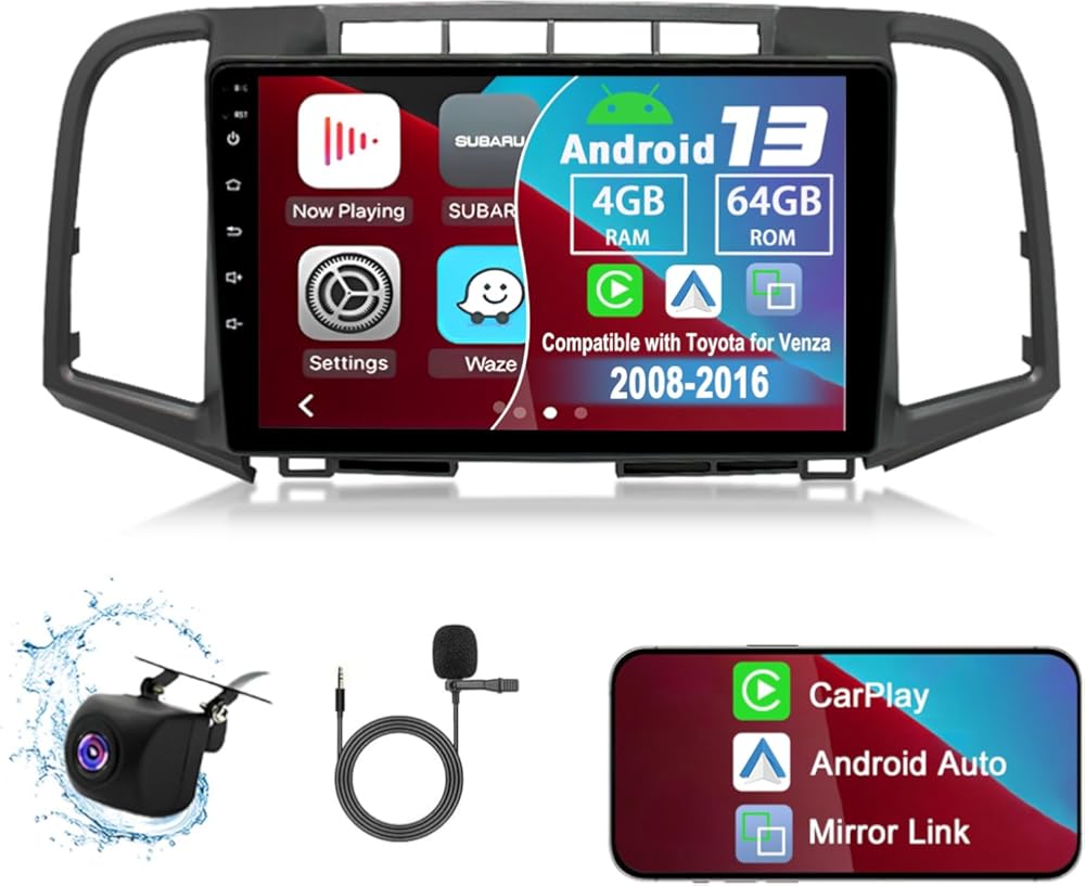 Android 13 Car Radio Stereo, 9'' Touch Screen Car Audio Compatible with Toyota for Venza 2008-2016 with Carplay & Android Auto GPS WiFi Bluetooth Mirror Link Backup Camera Mic [4+64G]