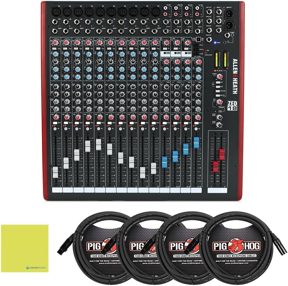 Allen & Heath ZED-18 Multipurpose Mixer for Live Sound and Recording Bundle w/ 4-Pack Pig Hog PHM10 8mm Mic Cable and Liquid Audio Polishing Cloth