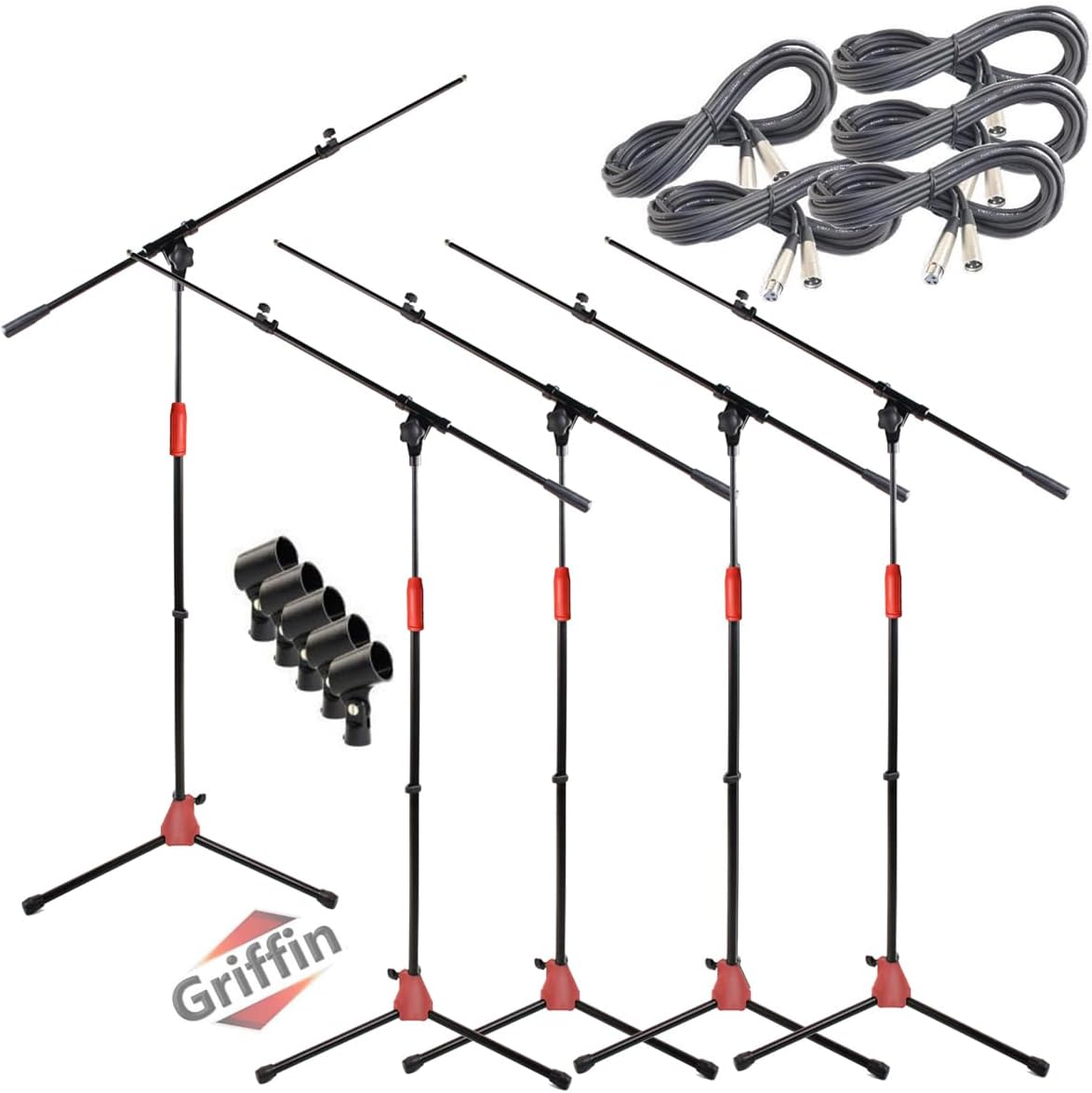 GRIFFIN 5 Pack Mic Boom Stands (StageLOCK Series) with 20ft XLR Cables & Microphone Clips – Telescoping Arms for Studio, DJ, Karaoke, Vocal Recording