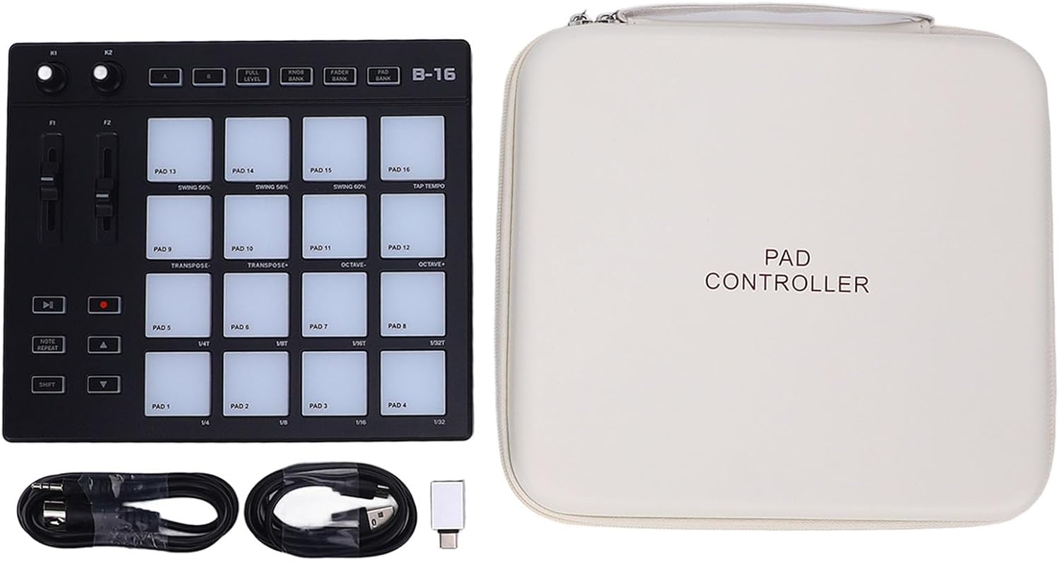 MIDI Pad Beat Maker Machine, Drum Machine with 16 Backlit Drum Pads, 2 Assignable Fader and 2 Adjustable Knobs, Portable RGB Drum Pad for Music Production
