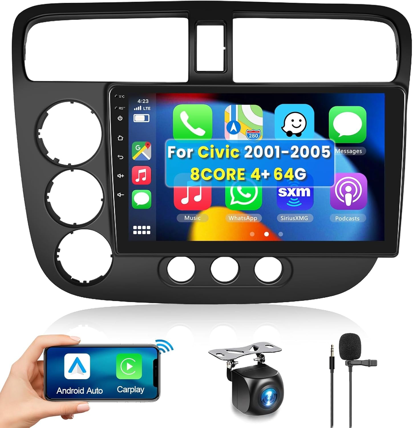 podofo 8 Core 4G+64G Car Radio for Honda Civic 2001 2002 2003 2004 2005, Wireless Apple Carplay Android Auto Car Stereo, 9” IPS Touchscreen with WiFi, GPS, Bluetooth,FM/RDS, 32EQ DSP, Rear Camera