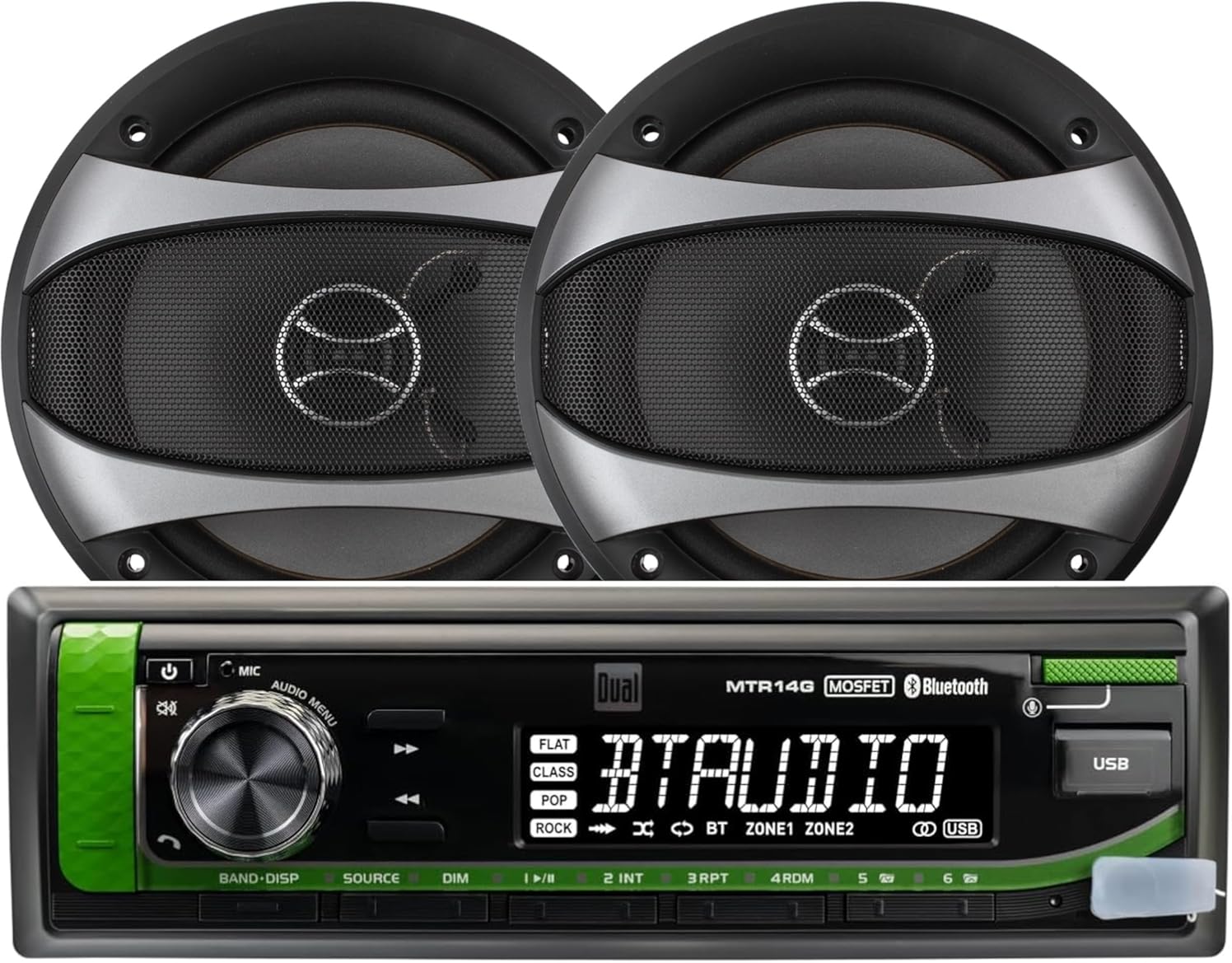 Dual Electronics John Deere Tractor Radio & D65SP 2-Way 6.5 inch Door Car Speakers Bundle