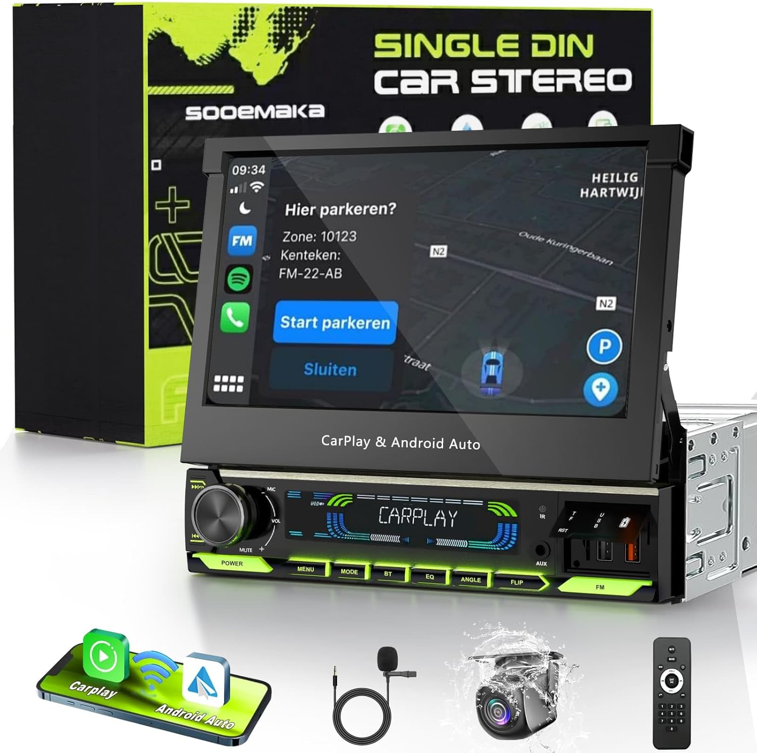 【SOOEMAKA】 Single Din Touchscreen Radio with Wireless CarPlay, 7 inch QLED Android Auto Screen for car,Motorized Flip Out Car Stereo Upgrade Fast Charging(QC/PD 3.0)/AM/FM/DSP/AHD (S7012)