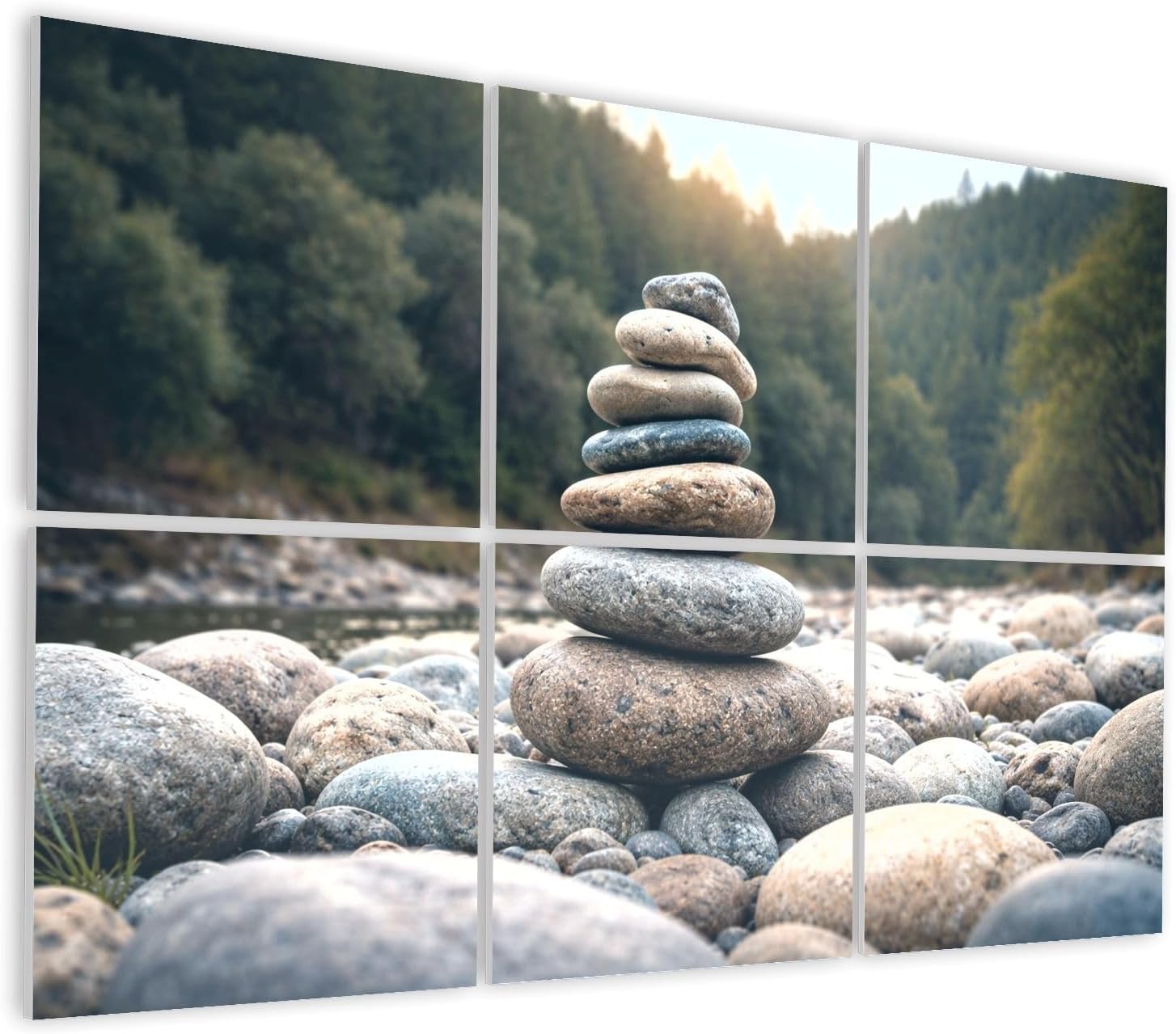 6 Pack Art Acoustic Panels Self Adhesive Balanced Stone Stacks Riverbank Surrounded by Forest Landscape Decorative Soundproof Wall Panels Sound Absorbing Panel 48