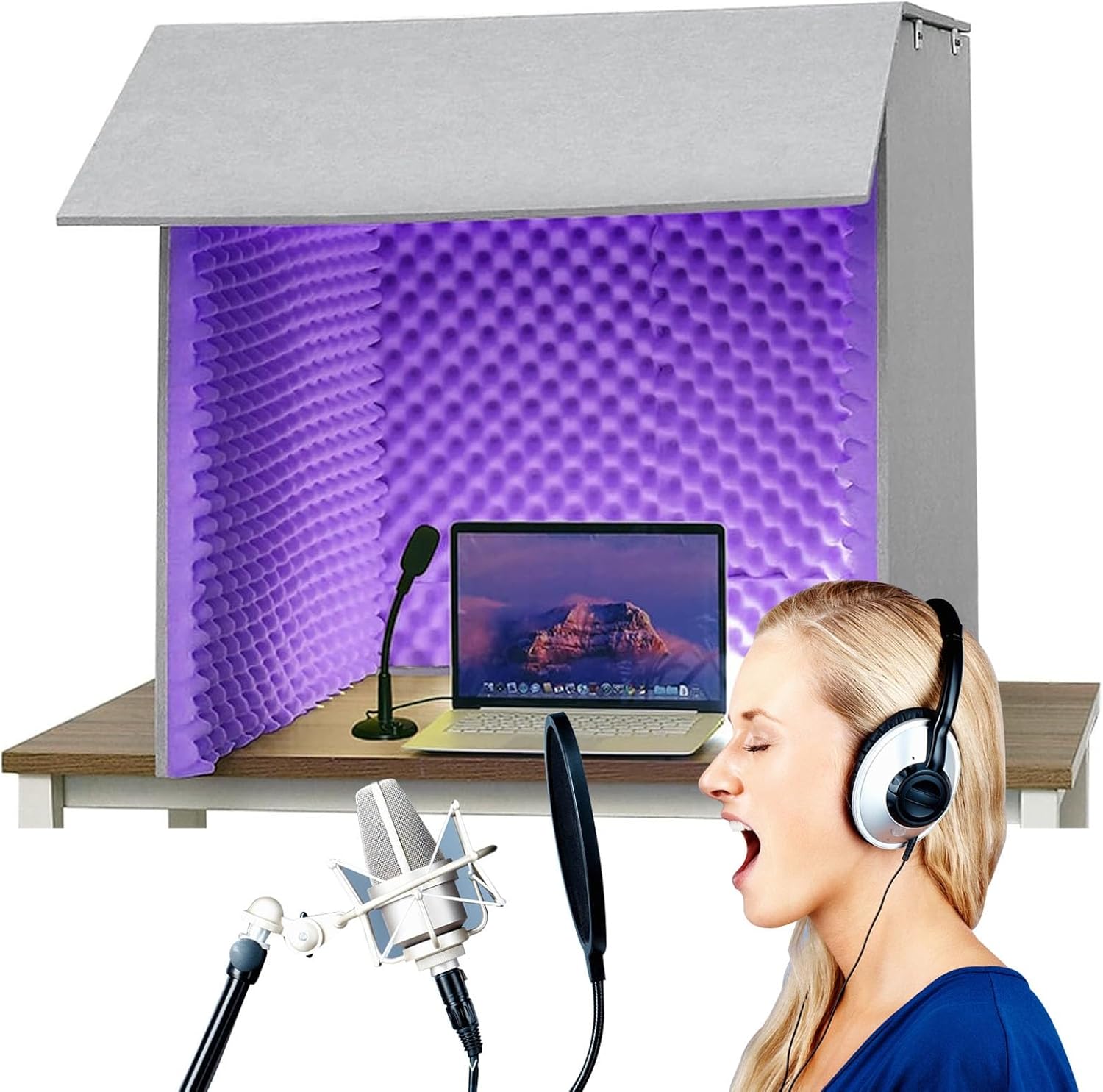 Sound Proof Box Portable Vocal Booth Sound Booth Recording Equipment, Isolation Booth, Microphone Isolation Shield, Desktop Soundproof Cover (Purple)