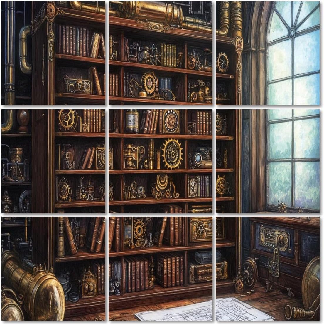 Art Acoustic Panels Self Adhesive Vintage Liry Bookshelf Brass Gears Mechanical Books 9 Packs Decorative Soundproof Wall Panels Large Sound Absorbing Panels for Home Office 60