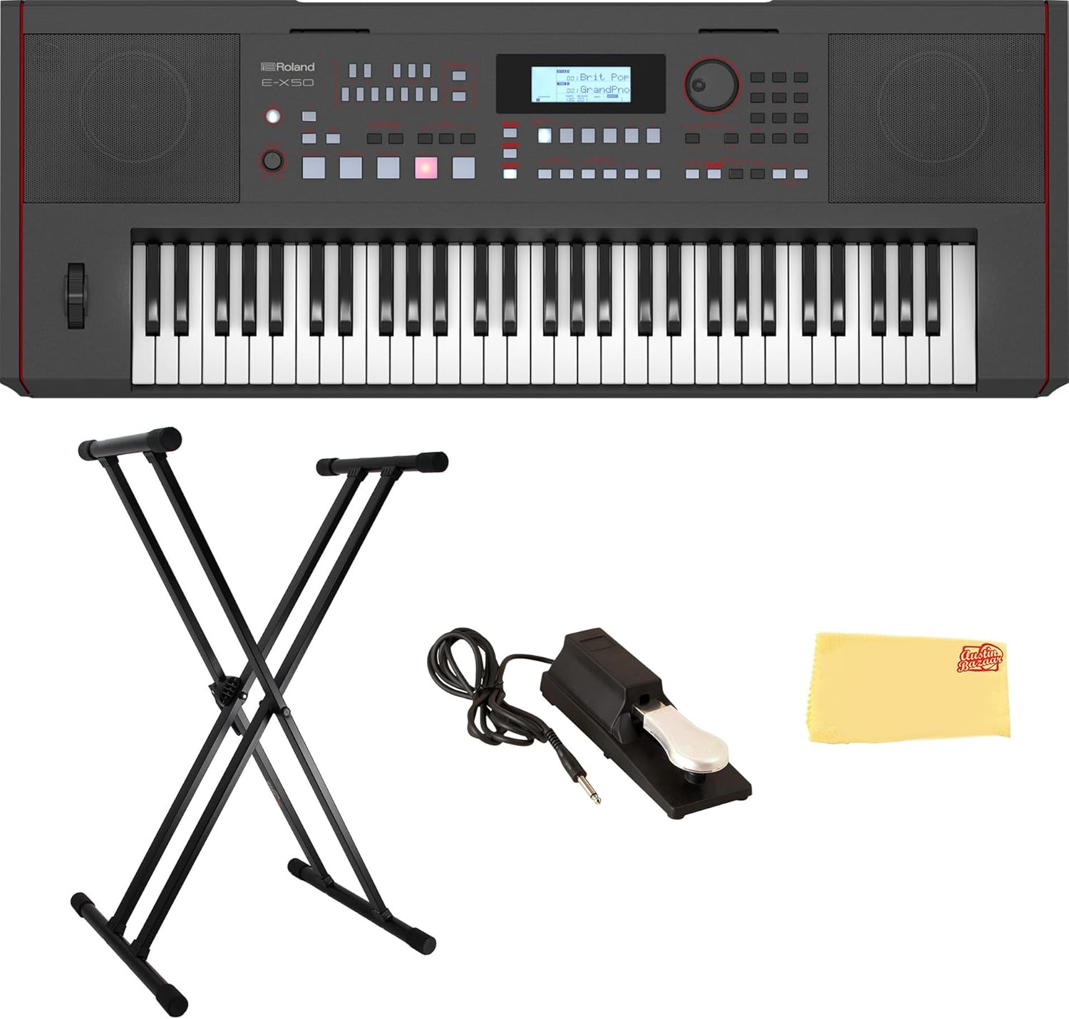 Roland E-X50 Electronic Arranger Keyboard Bundle with Sustain Pedal, Adjustable Stand, Online Piano Lessons, and Austin Bazaar Polishing Cloth
