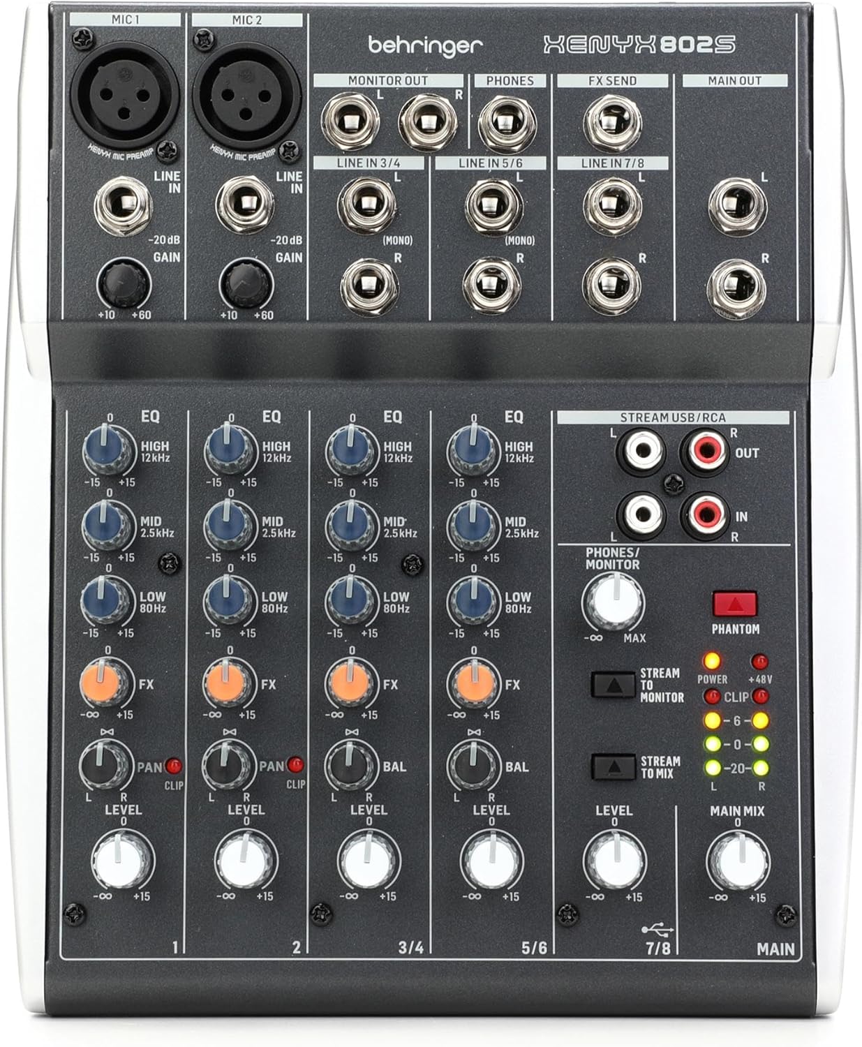 Behringer XENYX 802S Premium Analog 8-Input Mixer with USB Streaming Interface