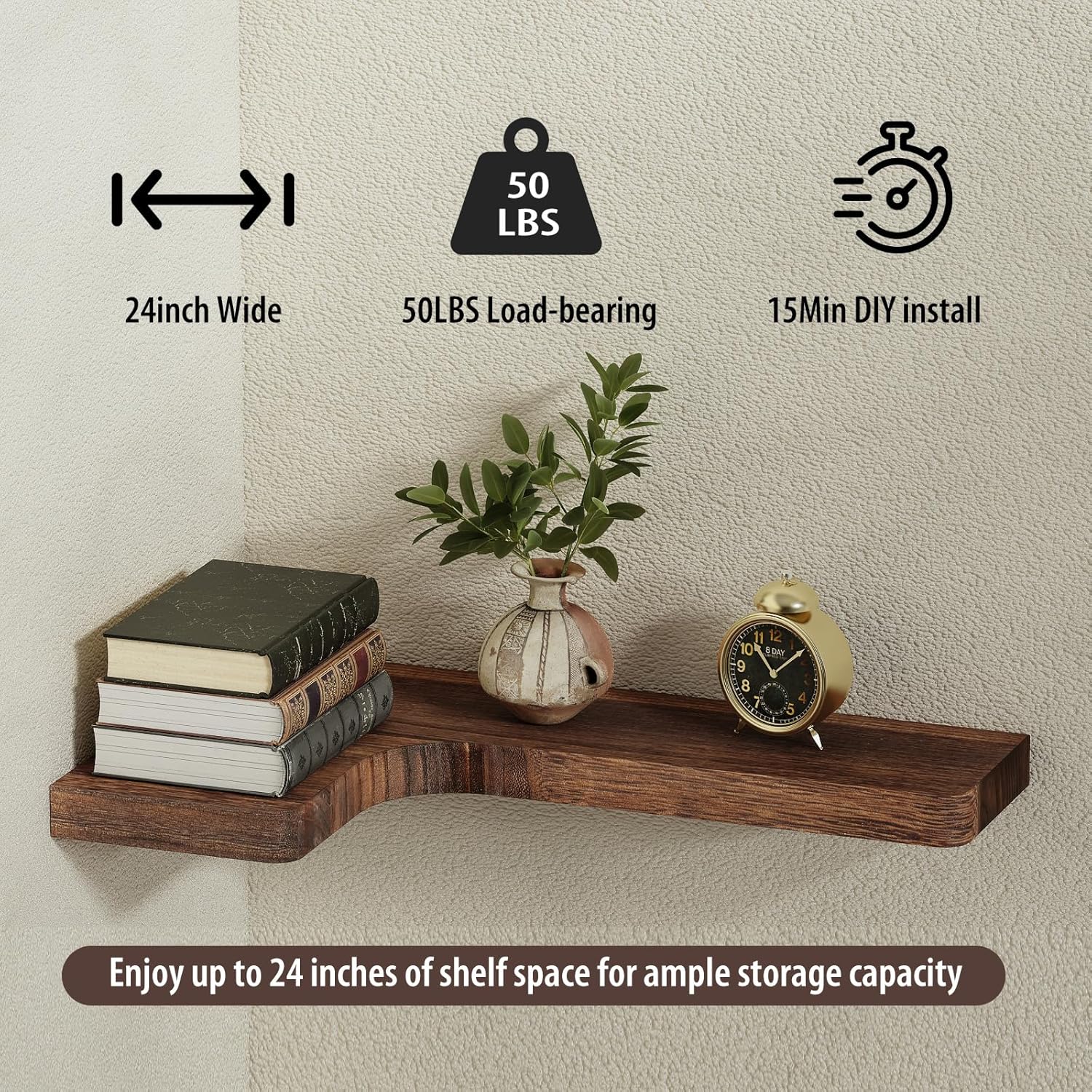 SAUMONIERES Corner Floating Shelves 24 Inch Wall Mount Shelf Solid Wood for Bedroom Bathroom Kitchen Storage Set of 2, Rustic Brown