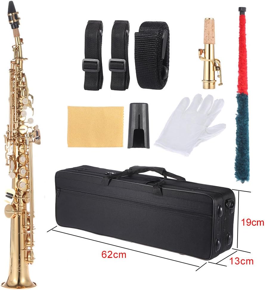Brass Straight Soprano Sax Saxophone, Bb B Flat Woodwind Instrument Shell Key Carve Pattern with Carrying Case Gloves Cleaning Cloth Straps Cleaning Rod