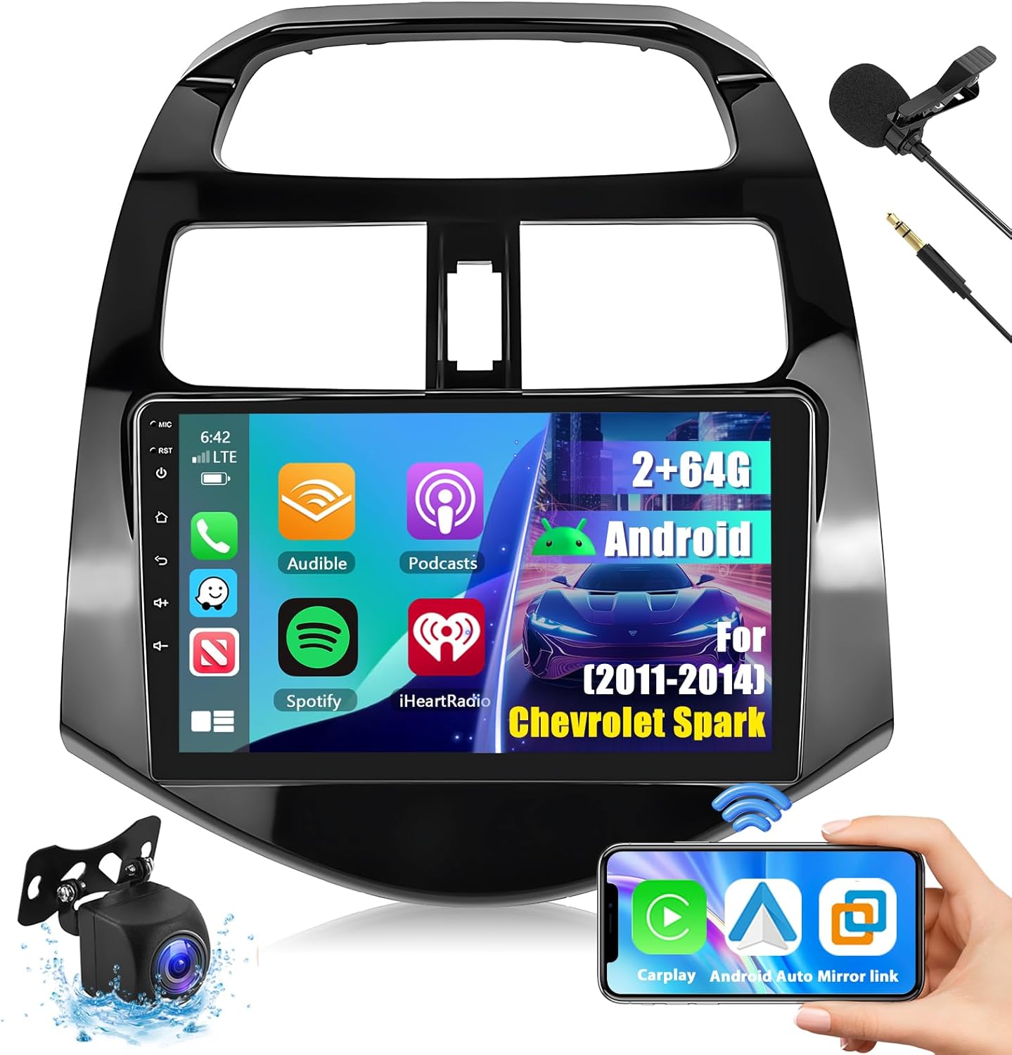 4GWiFi 2+64G Wireless Apple Carplay Android Auto Car Stereo for Chevrolet Chevy Spark 2011-2014,9” Touchscreen Car Radio Receiver with Bluetooth/GPS/Mirror Link/SWC/EQ/DSP+MIC+AHD Backup Camera