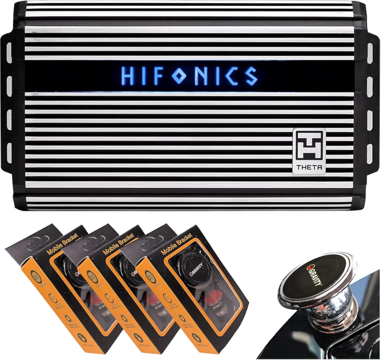 Hifonics ZTH-1225.1D Zeus Theta Compact Mono Channel Car Audio Amplifier (Silver) – Class D Amp, 1200-Watt Built-in Bass Control, Bass Remote Included with 3 Gravity Phone Holder Bundle