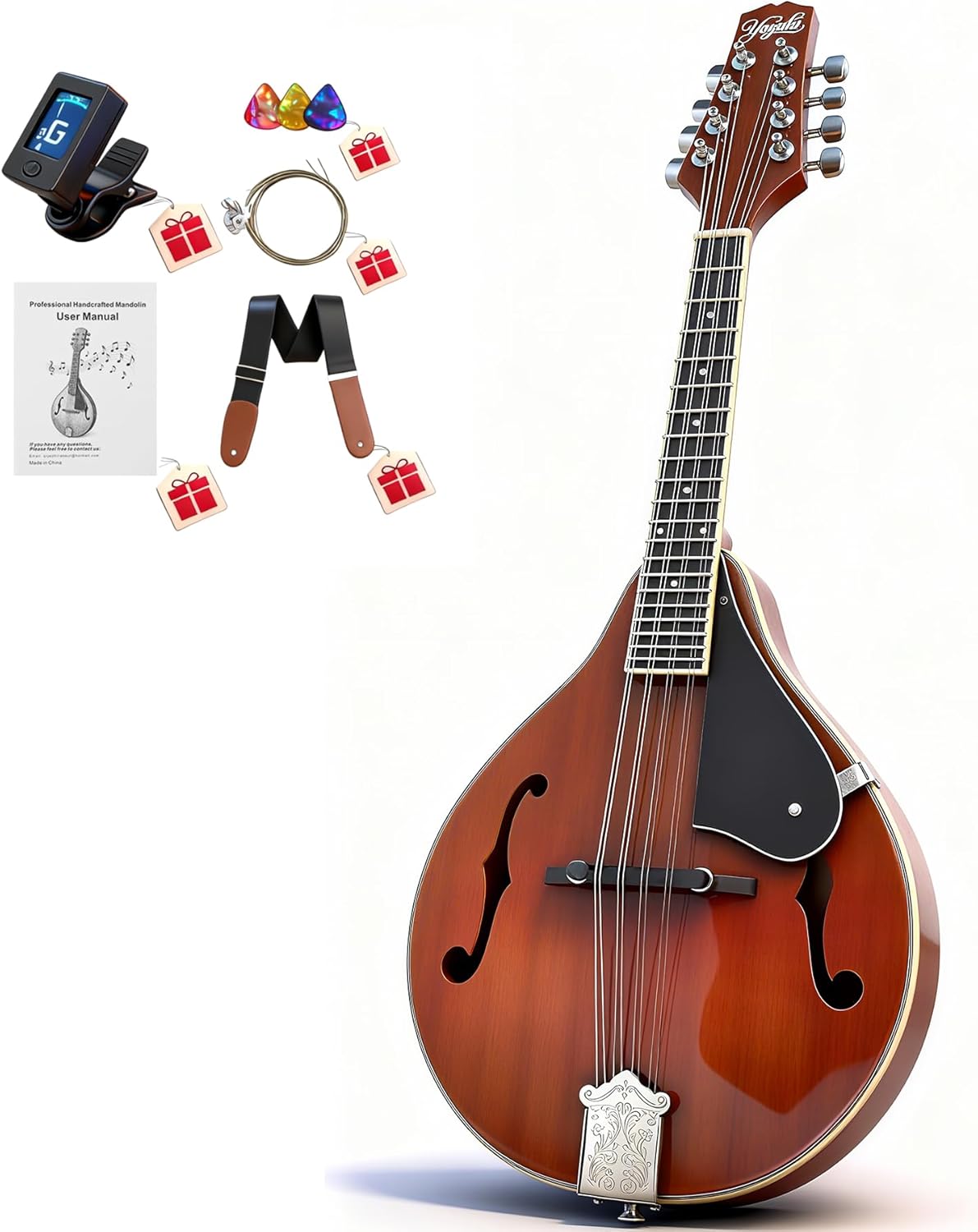 Mandolin Musical Instrument A Style, Acoustic Mandolin Instrument Kit Italian 8 String for Professional Beginners Adults Teens Youth Kids, Sunburst, Glossy