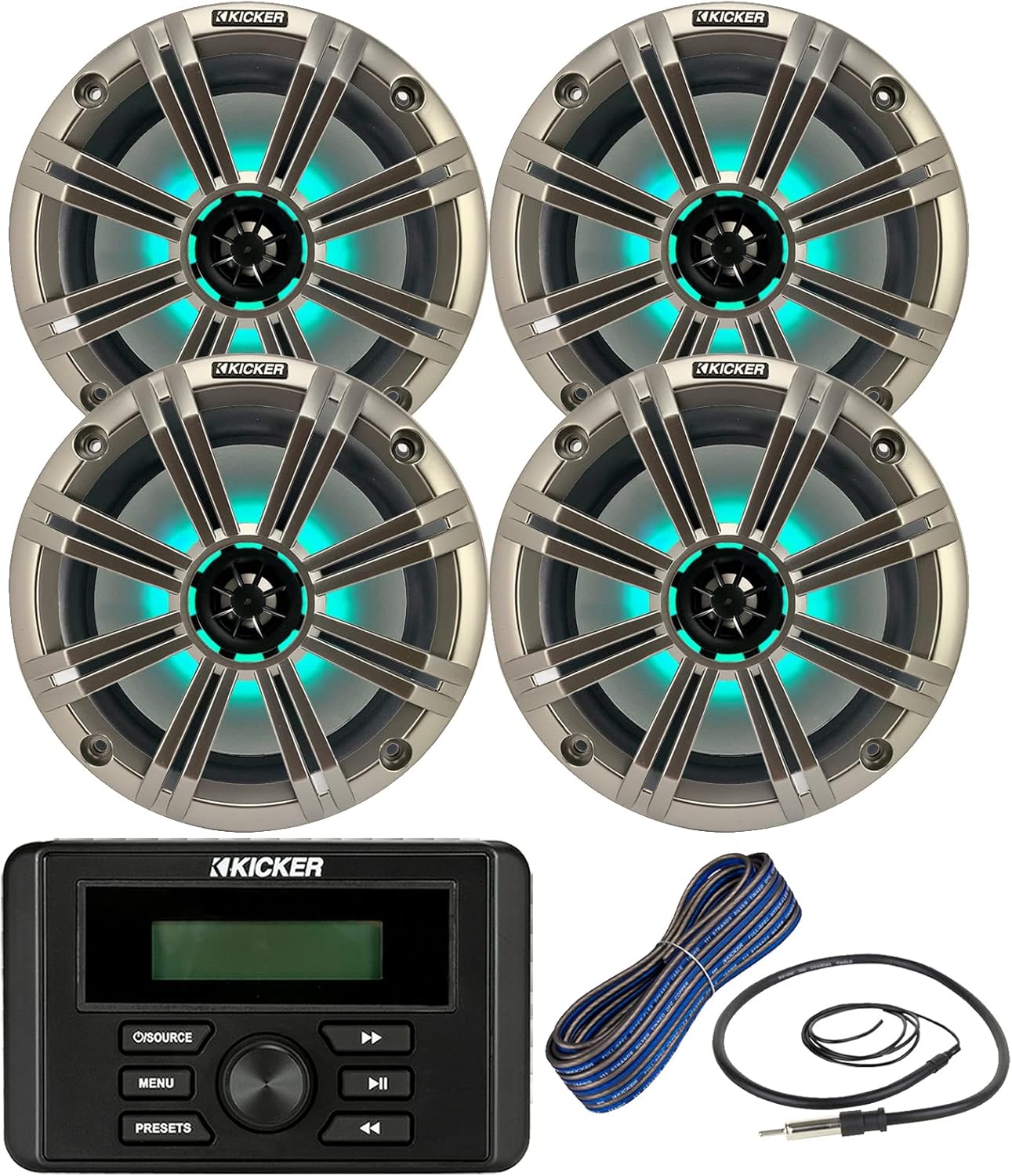 KICKER Weather-Resistant Marine Bluetooth USB RCA Stereo Receiver Bundle Combo with (Qty 4) 8