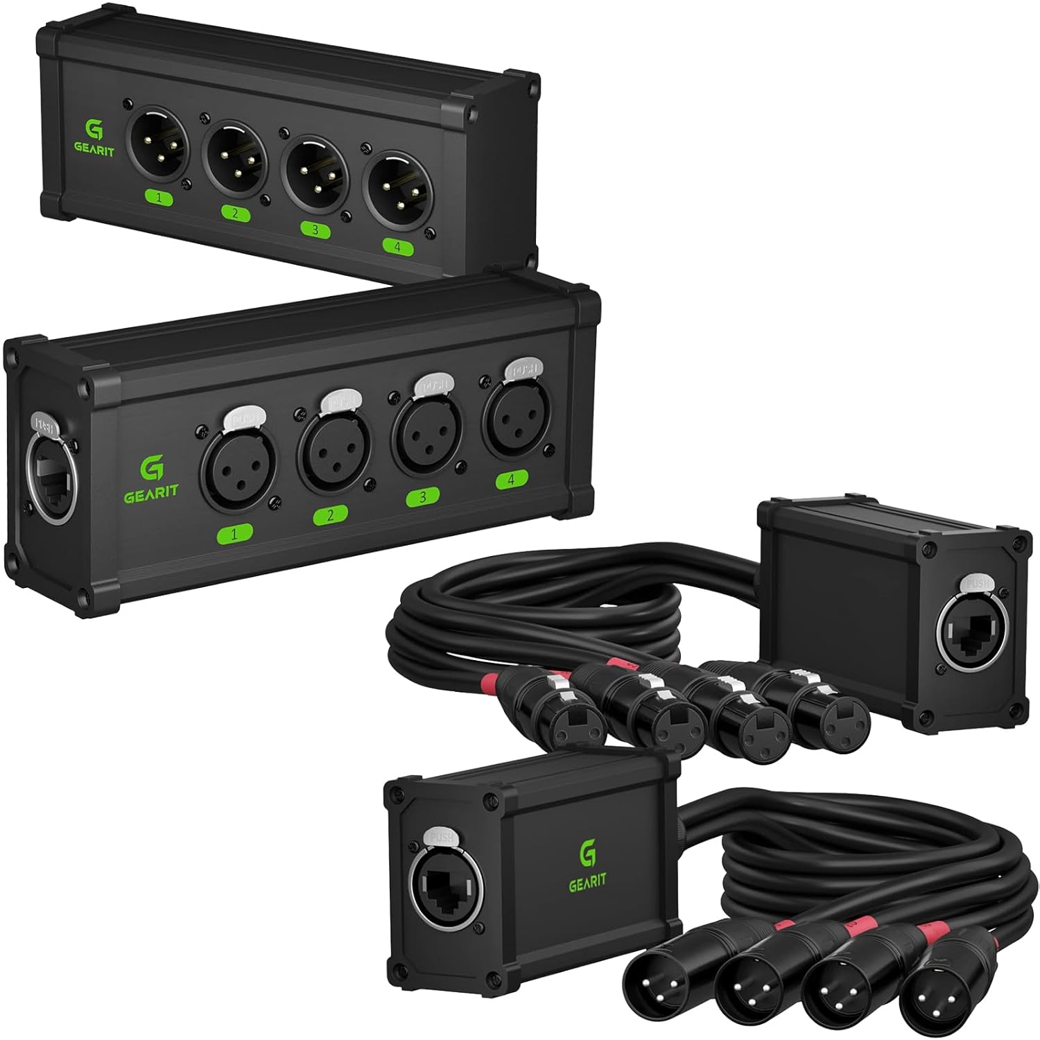 GEARit 4 Channel Ethernet Extender Bundle 4 Channel Snake 3Pin XLR to Ethercon RJ45 Cat5/Cat6 Ethernet Extender