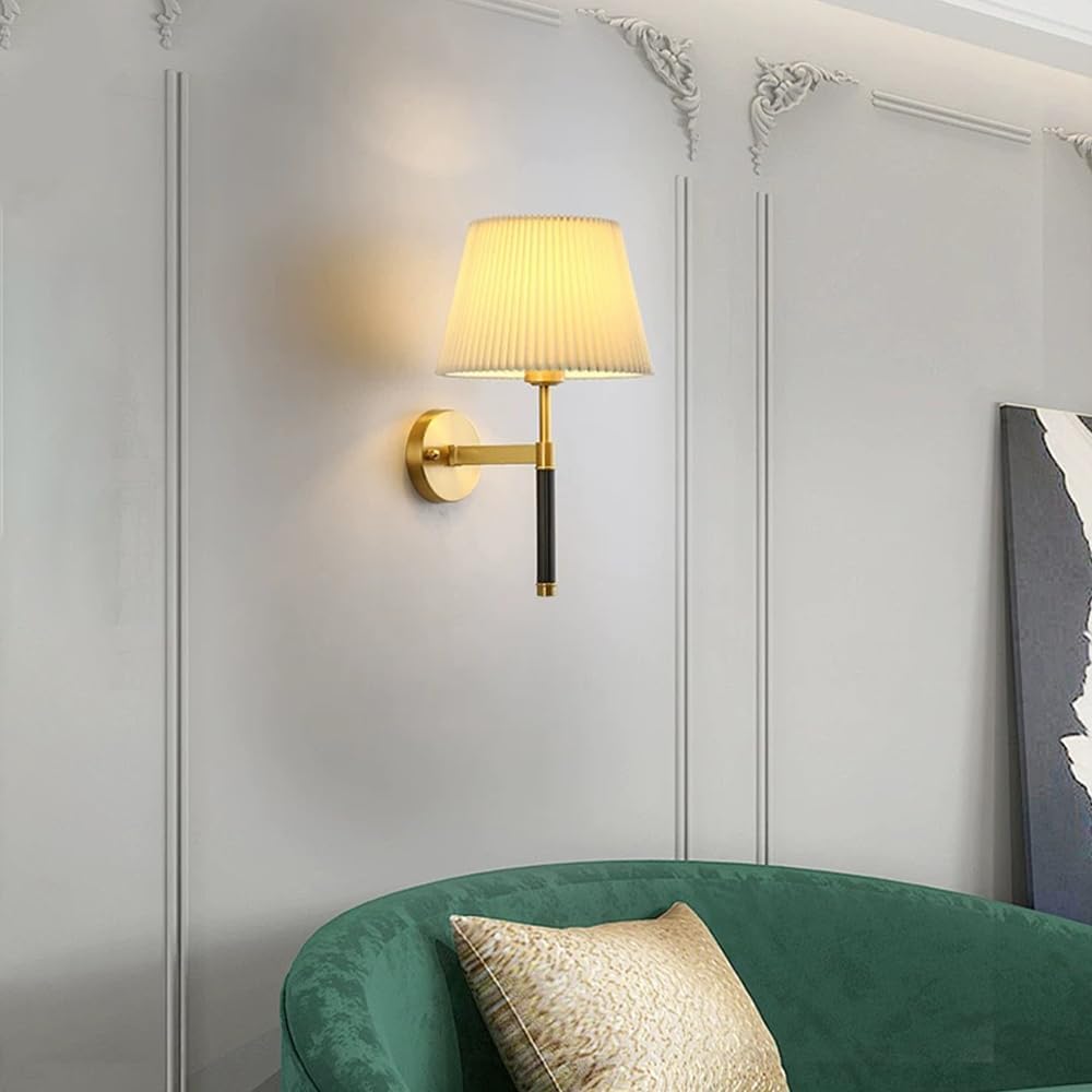 Gold Wall Sconces Pleated Fabric Wall Lamp, 1-Light Brass Vanity Retro Hardwired Indoor Vintage Industrial Wall Mount Lamp Fixture Lighting for Bedroom Bedside Living Room Hallway