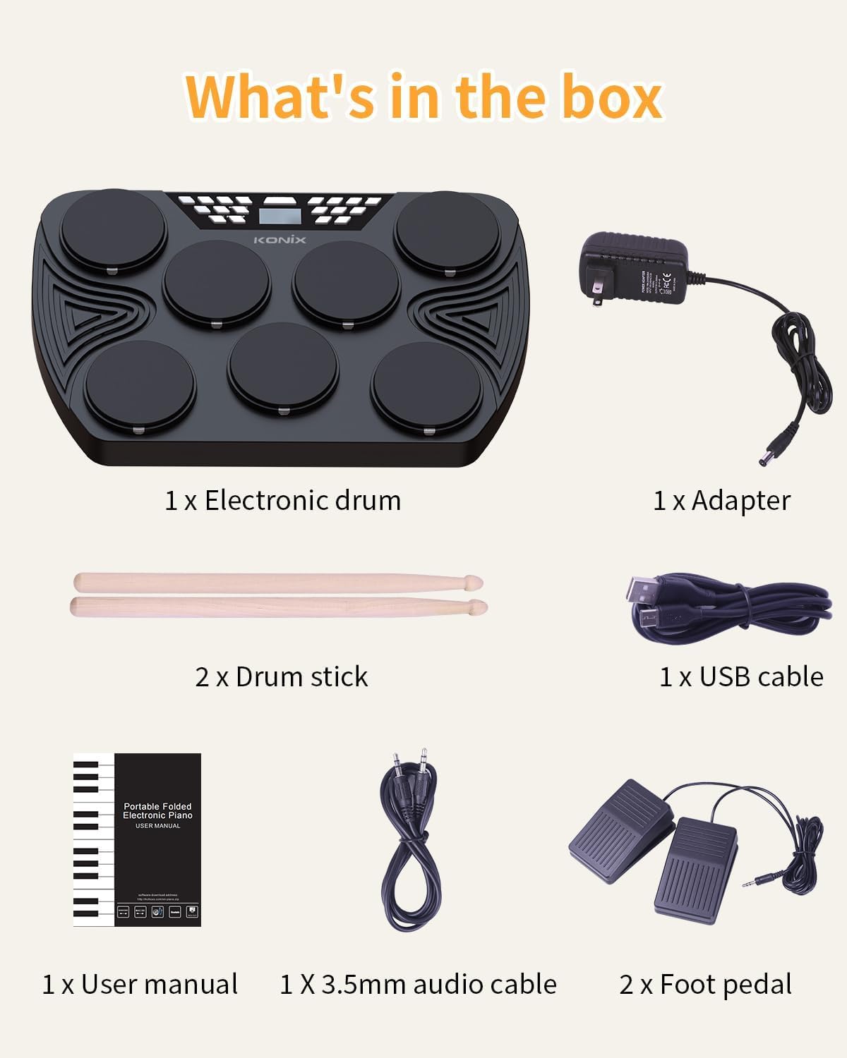 KONIX Electronic Tabletop Drum Set, Portable Electric Drum Kit with 7 Velocity Sensitivity Drum Pads, LED Drum Light, USB-MIDI Mac & PC Support, Ideal Gift for Adult and Beginners