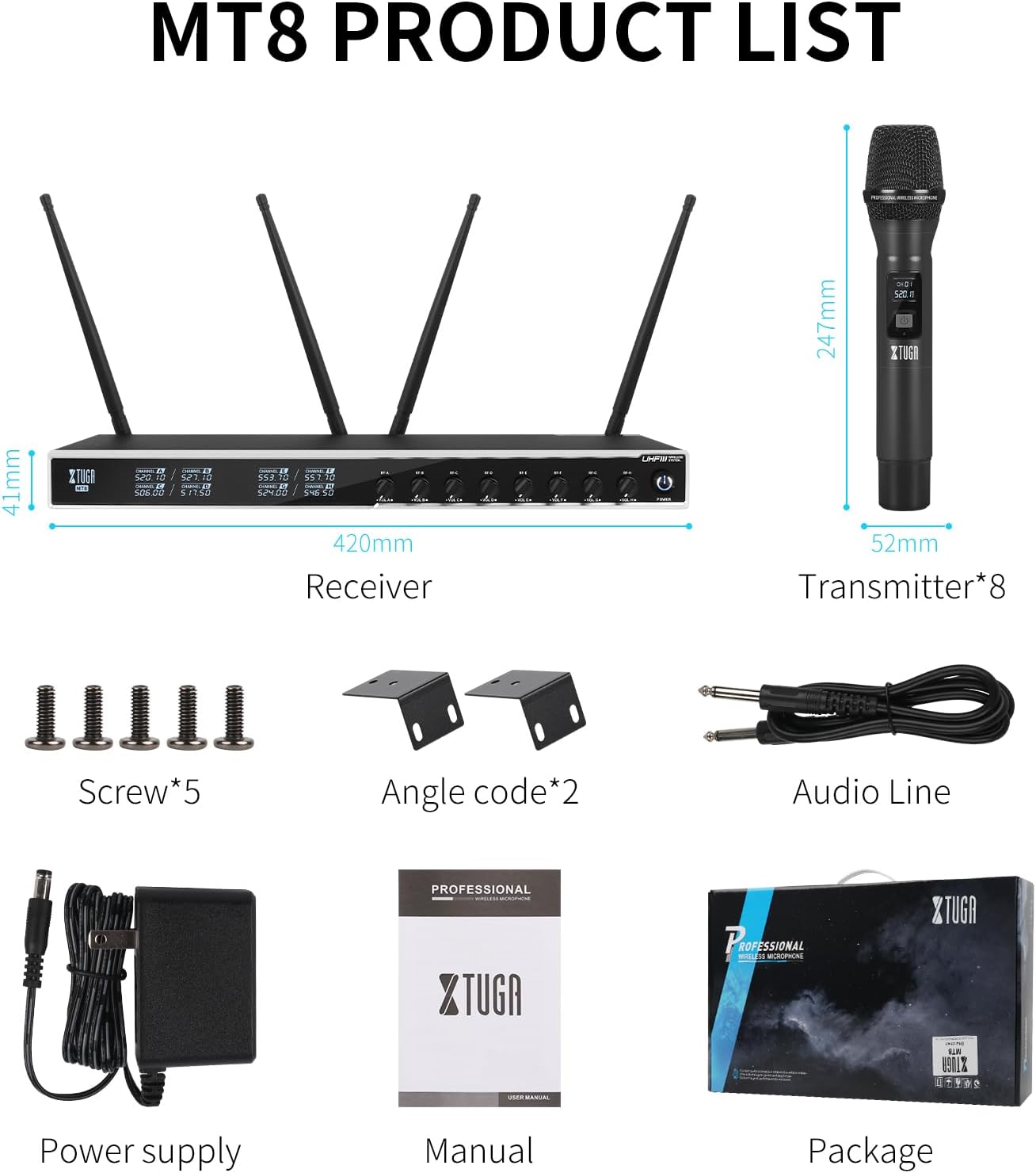 XTUGA Wireless Microphone System,8 Channel Cordless Mic with Handheld Metal Wireless Mic Set, 230ft Range,Dynamic Mics for Singing, Karaoke,Church,Wedding,DJ,Fixed Frequencies (MT8)