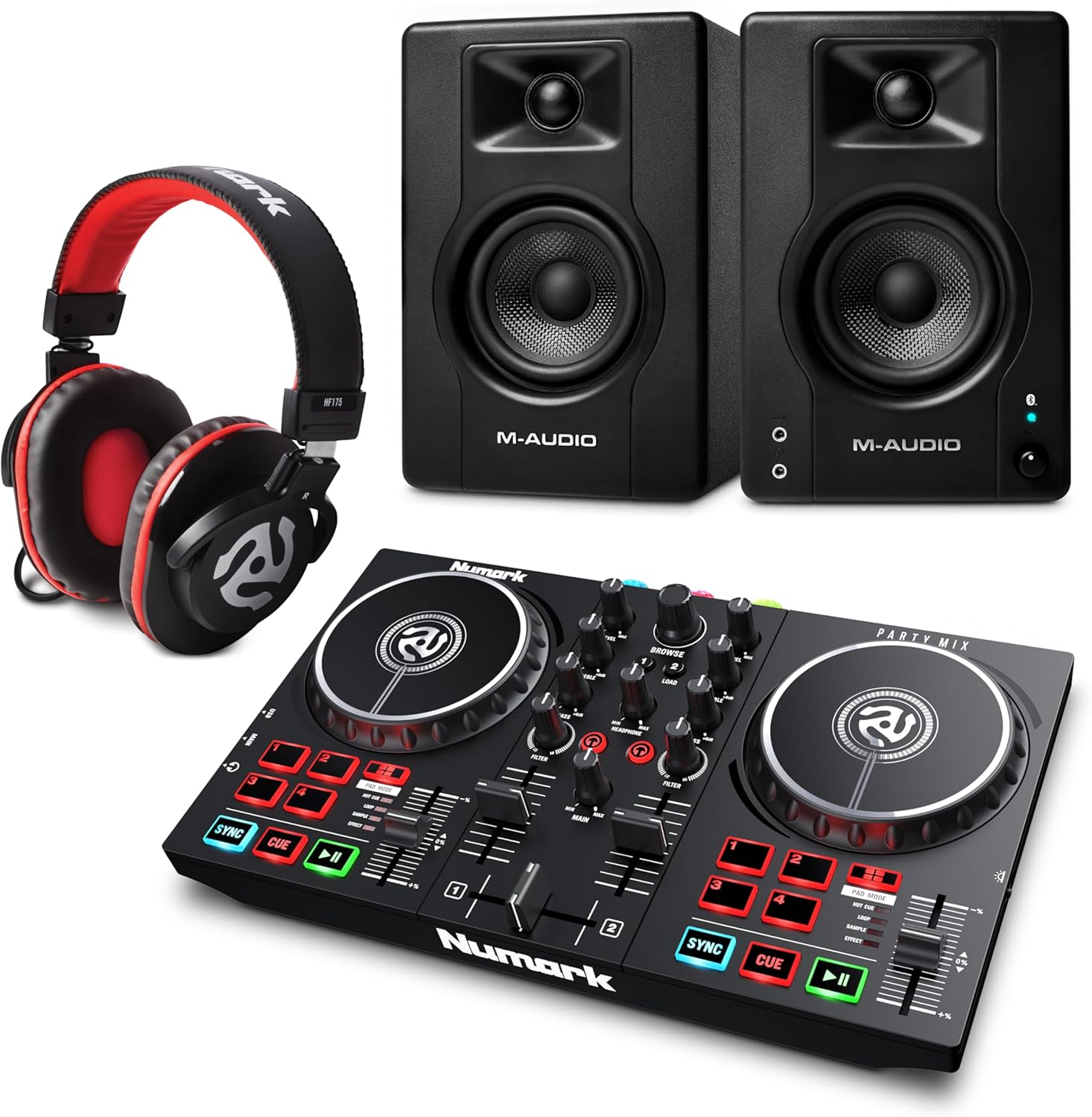 Numark Party Mix II DJ Controller and M-AUDIO BX3 Pair Bluetooth Studio Monitors with Headphones for Studio Recording, Music Production, Podcasting, Streaming