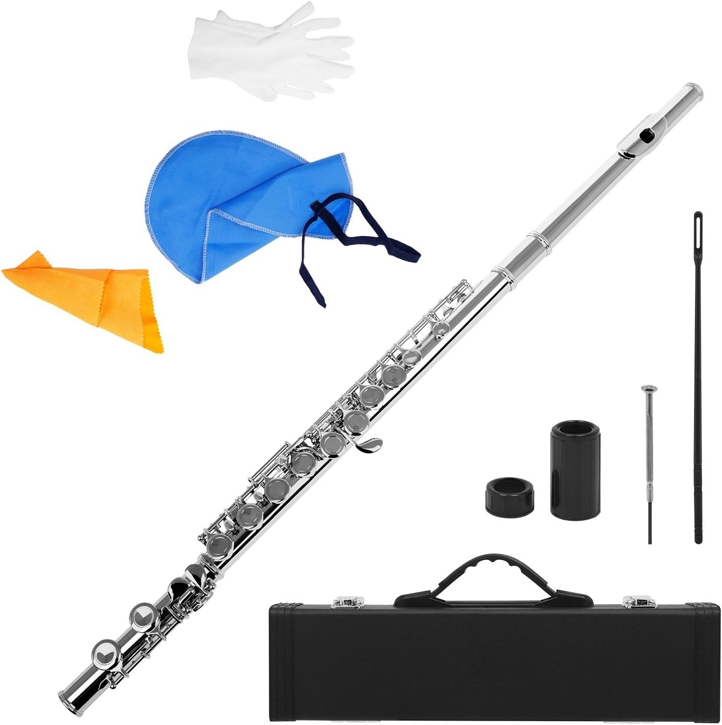 Flute 16 Hole C Key Flute Western Flute Cupronickel Nickel Plated Woodwind and Stick Glove Flutes Musical Instruments (Color : Silver)