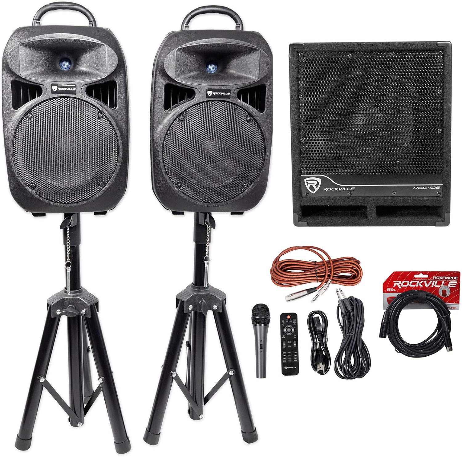 Rockville RPG082K Bundle: Dual 8 in Powered PA Speakers with Bluetooth, Mic, Stands, and Cables, RBG10S 10 in 1200 Watt Powered PA Subwoofer, RCXFM20E-B 20 ft XLR Mic Cable, 3-Items