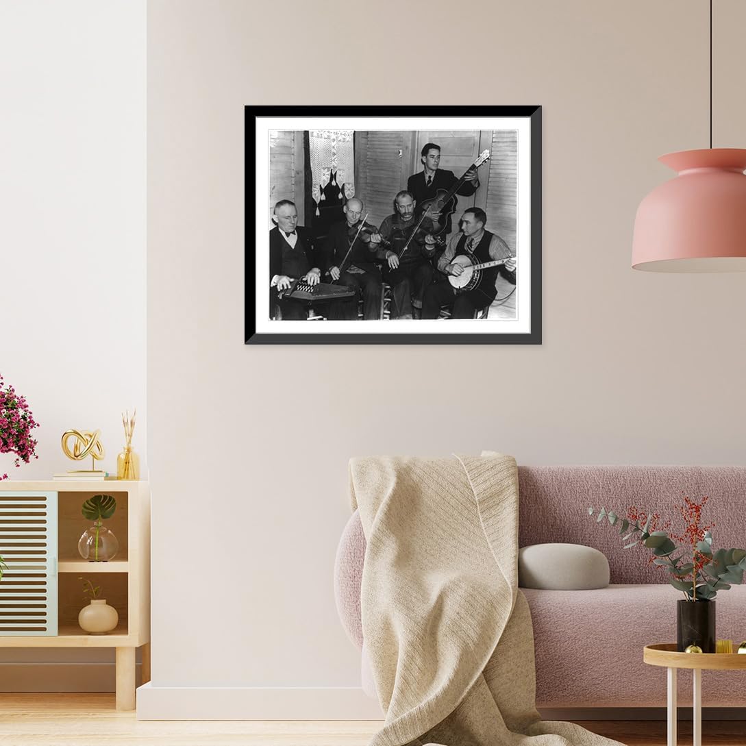 Historic Framed Print, [Bog Trotters Band members seated with instruments, Galax, Va. Includes Doc Davis, with autoharp; Crockett Ward, with fiddle; Uncle Alex Dunford, with fiddle; Wade Ward, with banjo; Fields Ward, with guitar], 17-7/8