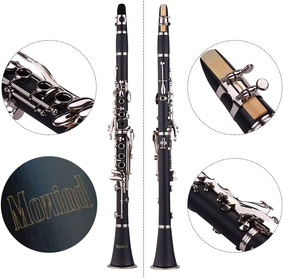 Bb Flat Clarinet - 17 Key Beginner Student Woodwind Instrument with 2 Barrels and Carry Case, Includes Cleaning Kit