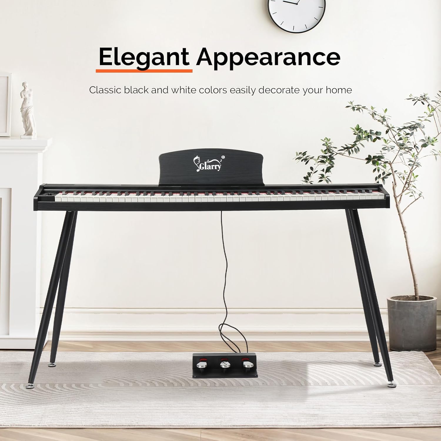 GLARRY Digital Piano Keyboard with Stand, Portable 88 keys Semi-Weighted Electric Piano with Pedal for Beginner, Bluetooth, Triple Pedals, Power Supply, 2 Speakers (Black)