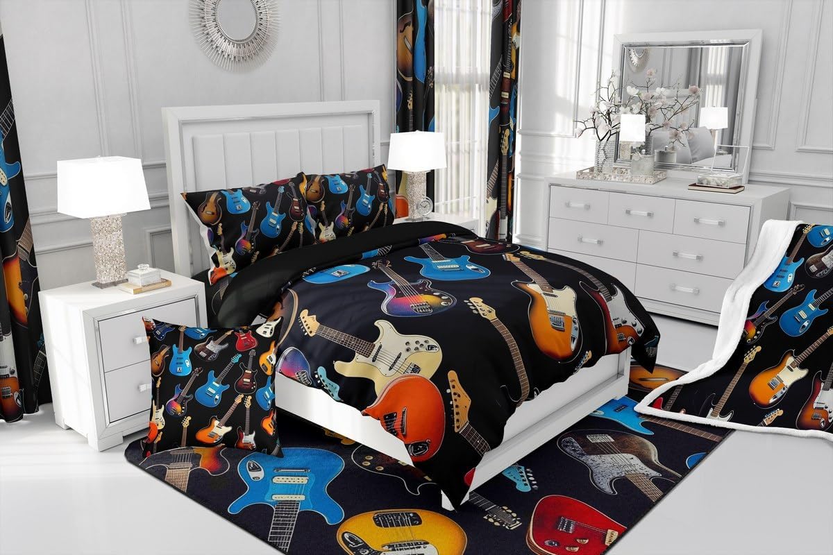 Manfei Electric Guitar Comforter Set King Size 3 Pcs,Colorful Bass Guitars Music Lovers Bedding Set,Rock Music Theme Quilt Set for Adults Bedroom,2 Pillowcases
