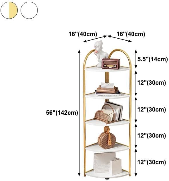 KWOKING Scandinavian Open Corner Bookshelf Metal Frame MDF Bookcase Triangle Corner Cabinet Shelf Corner Storage Living Room Bedroom Side Cabinet Shelf Rack White Gold 16