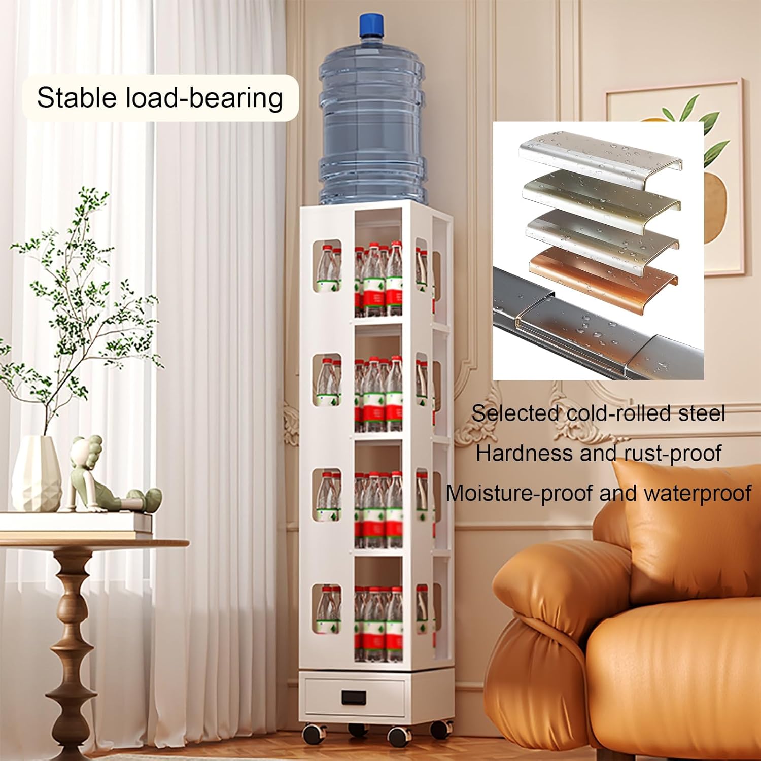 4-Tier Rotating Bookshelf, Freestanding Corner Book Shelf, 360° Spinning Bookcase, Metal Storage Rack with Wheels, for Living Room, Bedroom, Study