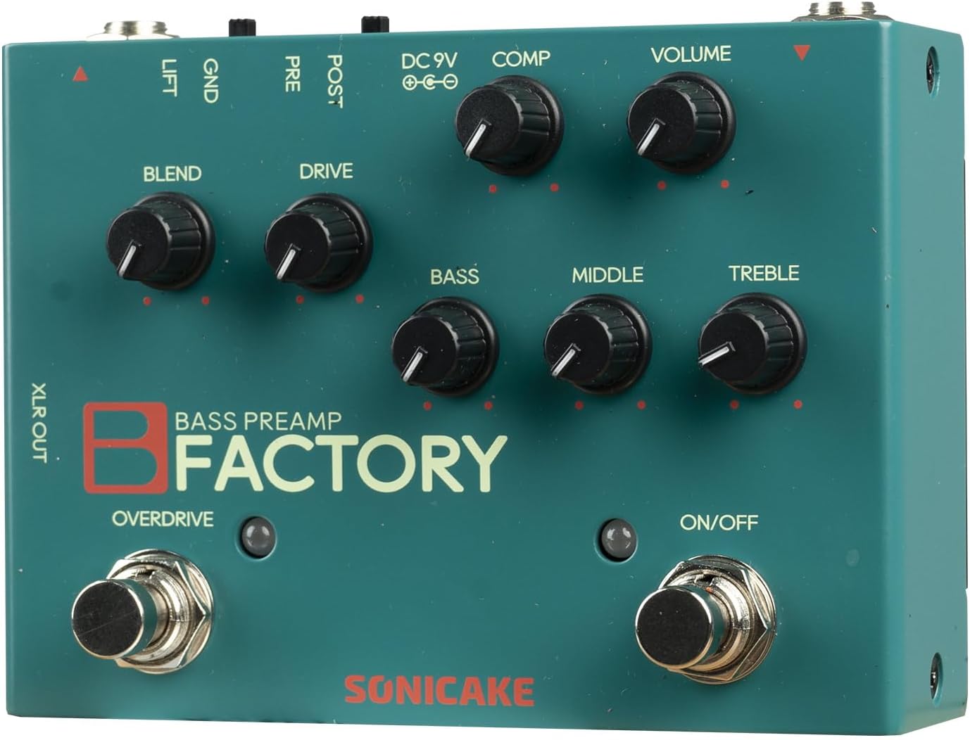 SONICAKE Bass Pedal with Overdrive Analog Preamp Compression Effects Pedal and 3-Band EQ Via Pre/Post Selection with XLR Output - B Factory