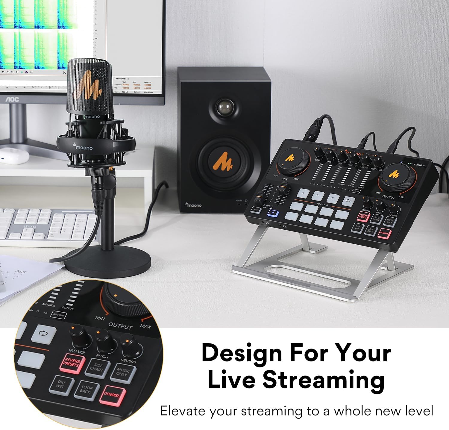 MAONO Audio Interface, MaonoCaster 10-Channel Podcast mixer with Pro-preamp, 48V Phantom Power, Bluetooth, 11 Customize sound pads for Recording, Streaming, Youtube, TikTok, PC, Guitar (AME2)