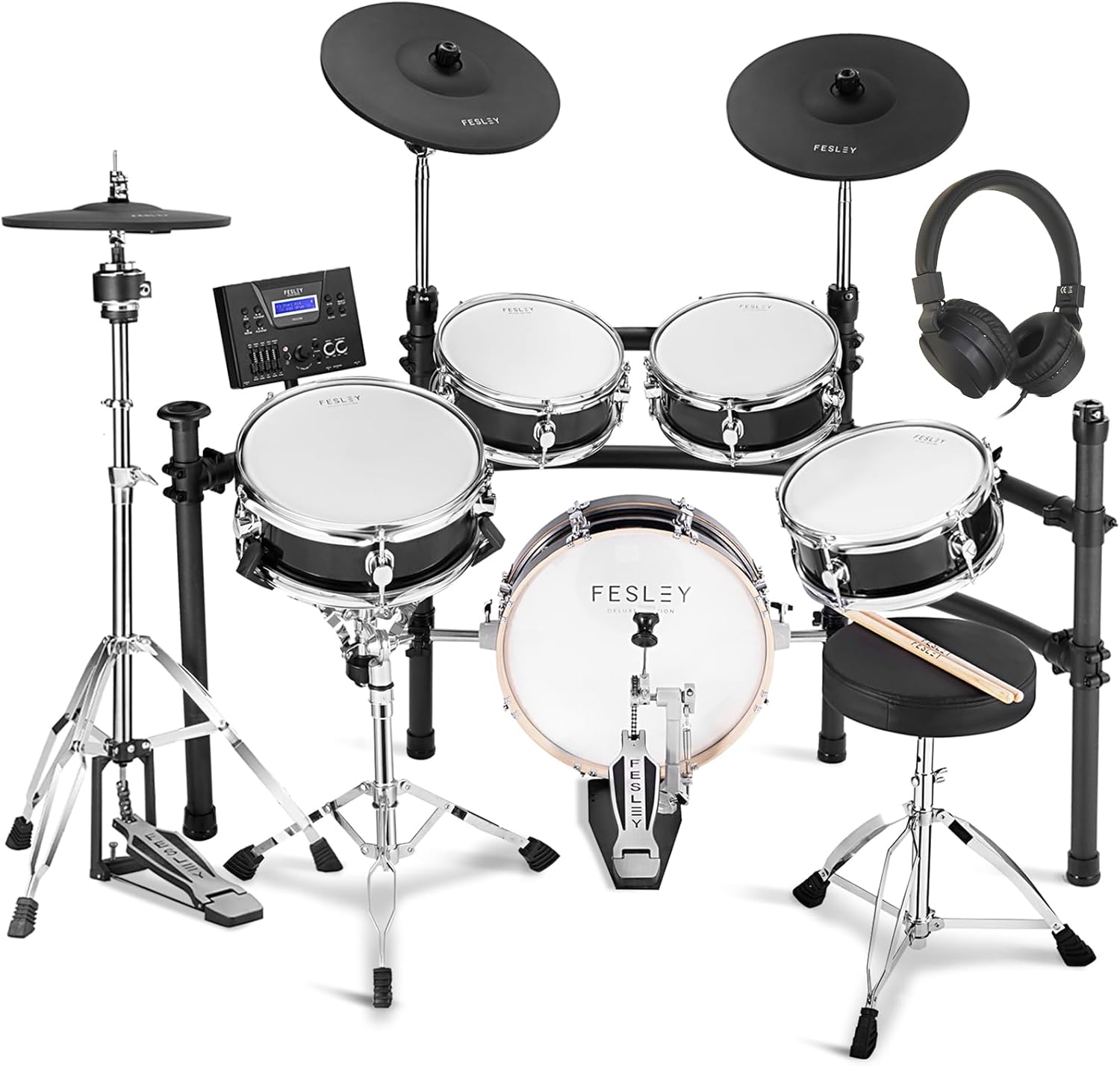 Fesley Electric Drum Set with Independent Kick Snare Drum HiHat Cymbal: Real Sample Sound Source, Bluetooth Electronic Drum Set with Dual Zone Mesh Drum Pad, Dual Zone Cymbal Full Size Adult Drum Set